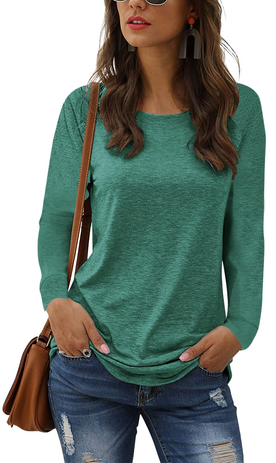 Size XXL Hestenve Women's Long Sleeve Shirts Solid Color Casual Loose Fit Tee Round Neck Top Tunic Shirts Army Green