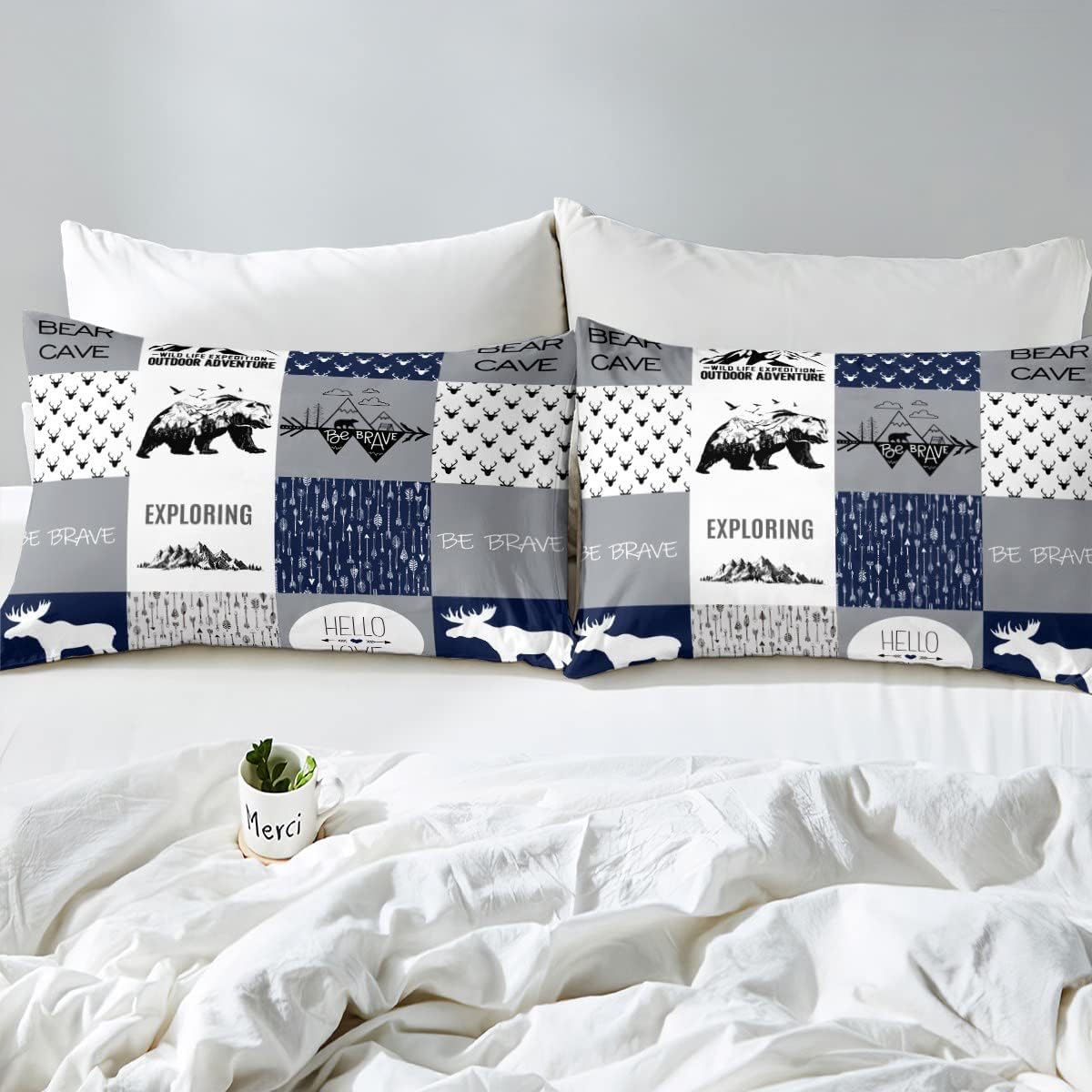 Feelyou Bear Deer Duvet Cover Set Hunting and Camping Bedding Set Kids Boys Girls Deer Antler Comforter Cover Rustic Cabin Plaid Quilt Cover 1 Duvet Cover with 2 Pillowcases Full Size (No Comforter)