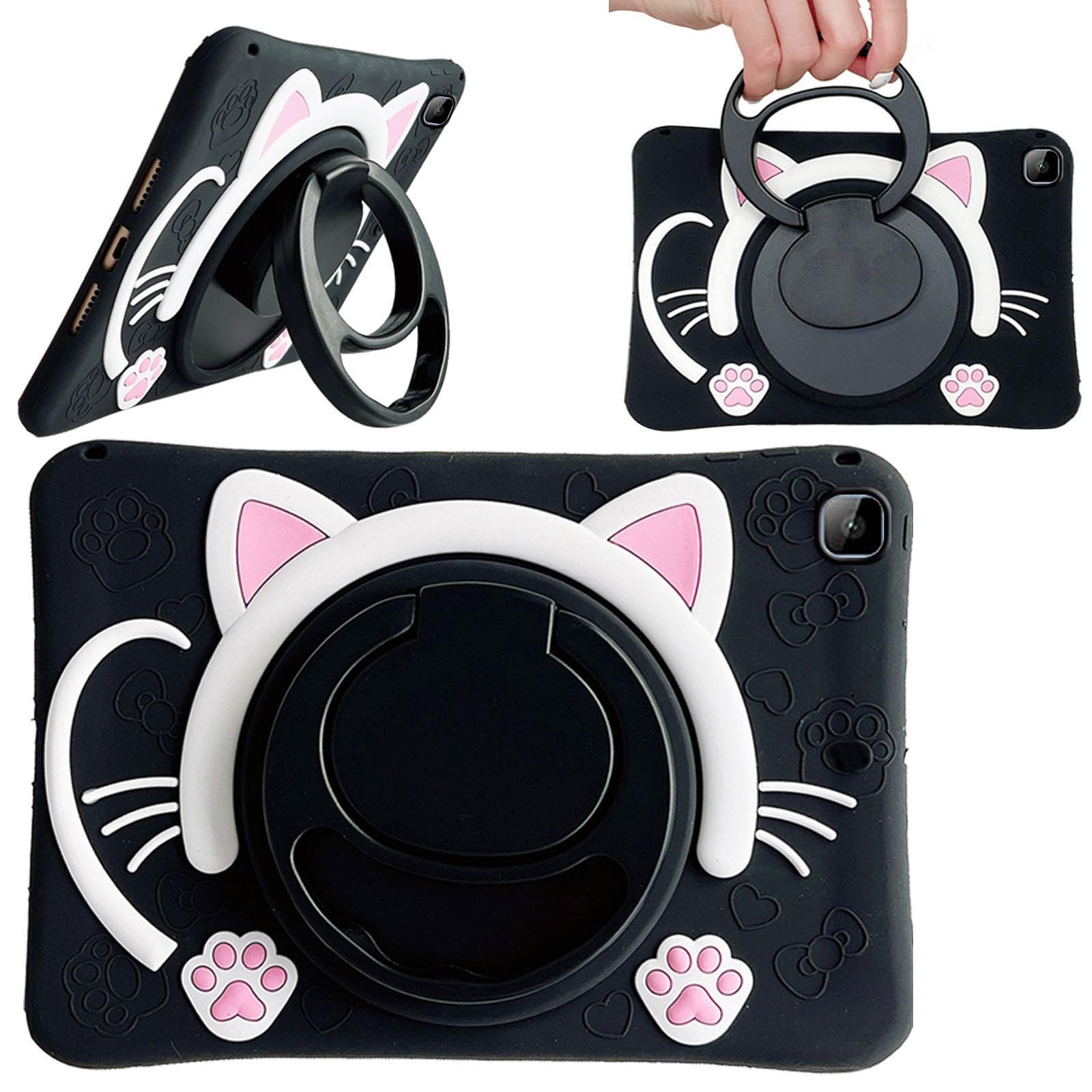Gruattreay Compatible with Honor Pad X8 10.1 inch/X8 Lite 9.7 inch 2022 Case, Cute Cat Cover Kawaii Girls Women with Strap and Handle Stand, Soft Silicone Cover for Honor Pad X8/X8 Lite (Black)