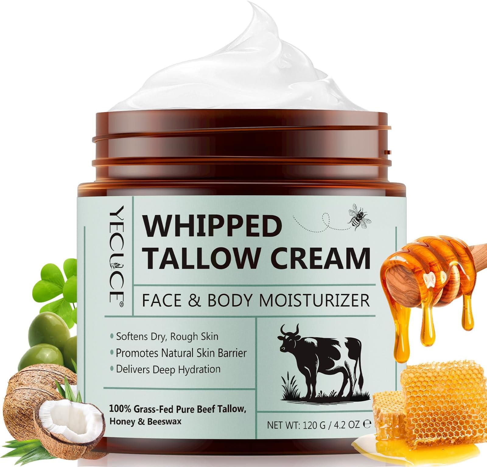 Beef Tallow for Skin, Tallow and Honey Balm (4.2 oz) - Tallow Face Moisturizer, Deeply Moisturizing Grass-Fed Tallow Face Moisturizer for Body - All-Natural Hydration for Soft, Supple Skin