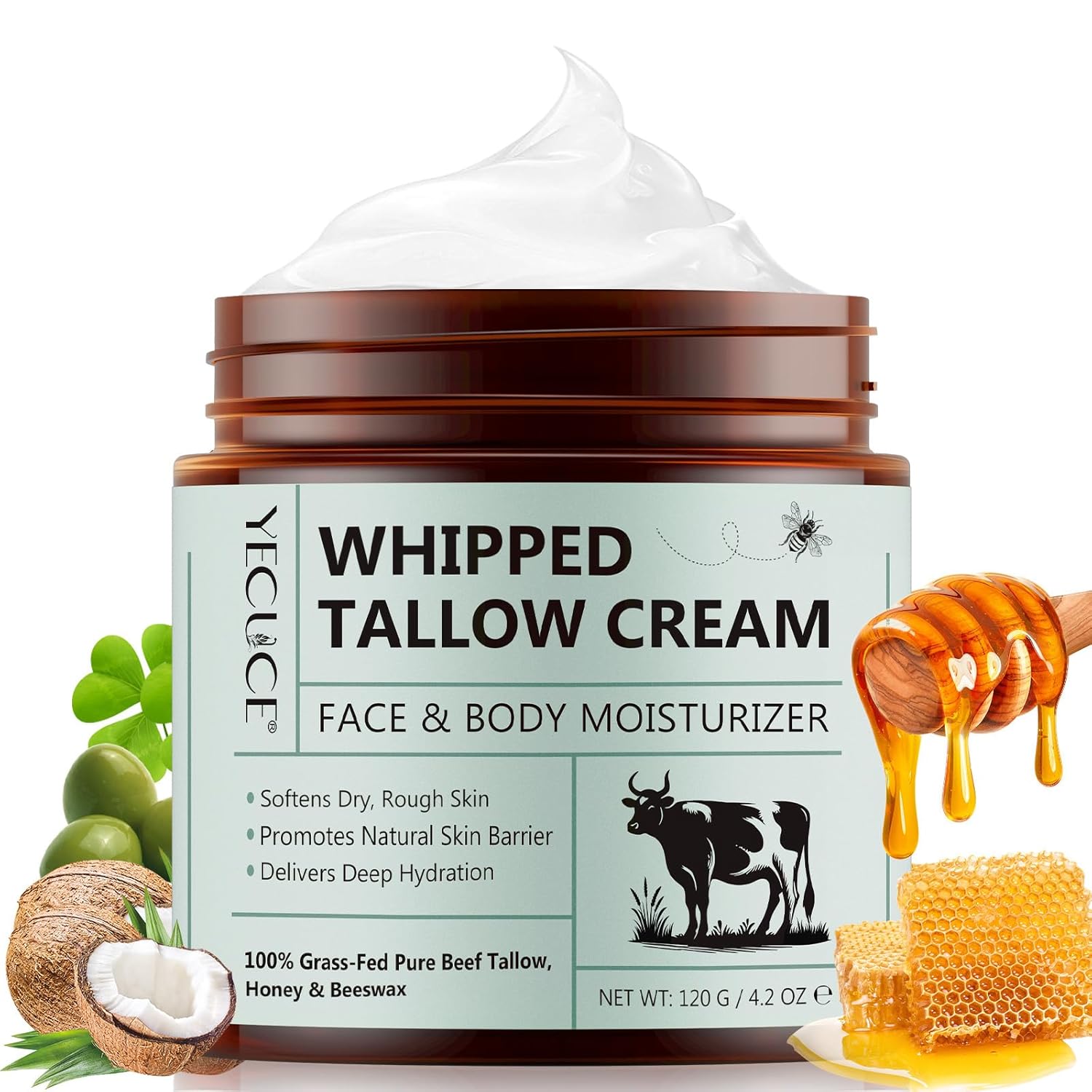 OLV Beef Tallow for Skin, Tallow and Honey Balm for Face Organic Grass-Fed Beef Tallow Balm with Raw Wild Honey, Natural Formula Moisturizing Cream for Body Face(3.38 fl.oz/Unscented)