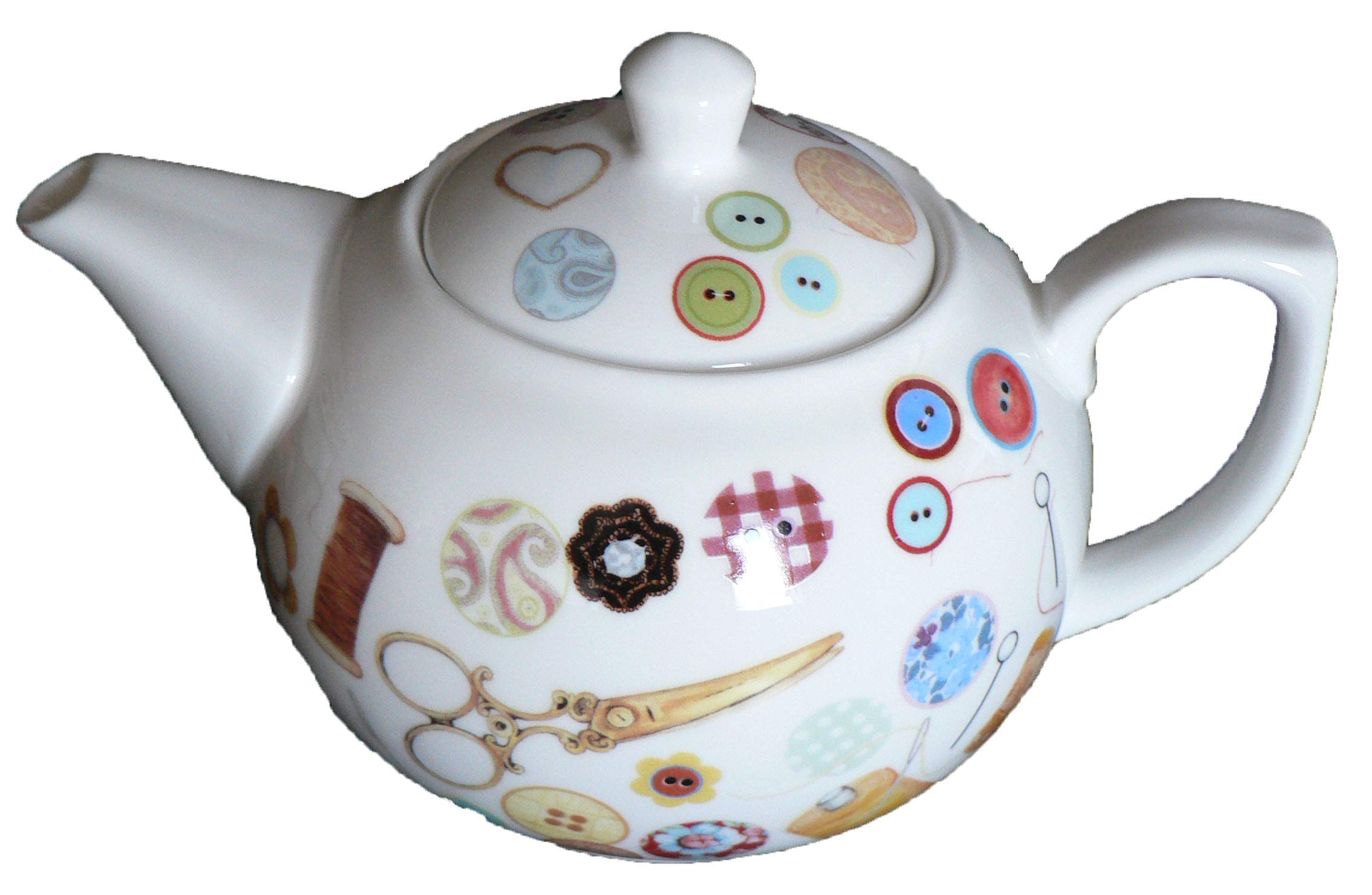 crackinchina Sewing Teapot 2 cup porcelain teapot decorated with colourful sewing bits and bobs all round