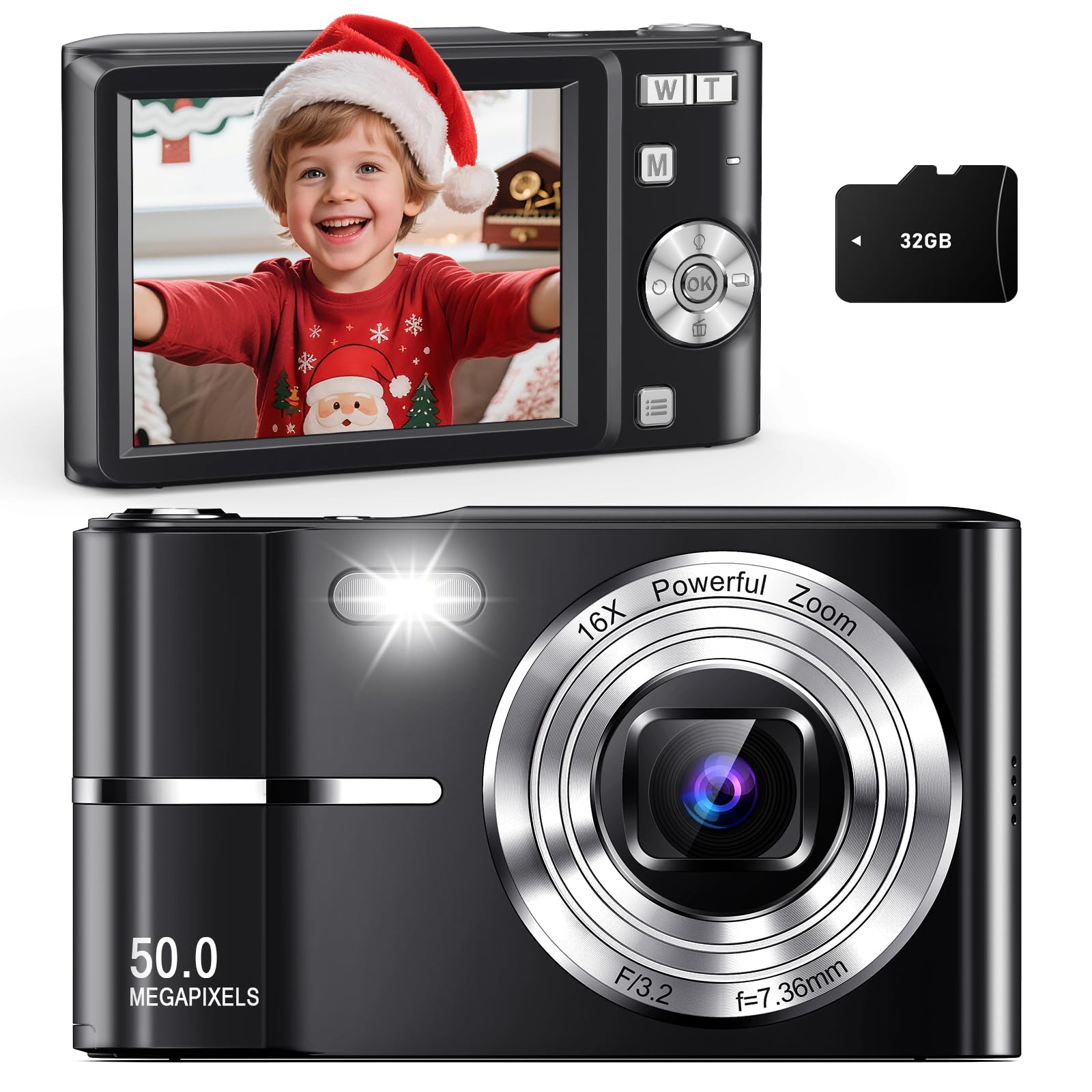 Digital Camera for Kids, 50MP UHD 4K Point and Shoot Digital Cameras with 32GB Card, 16X Zoom, Anti-Shake, Date Stamp, Compact Portable Small Cameras