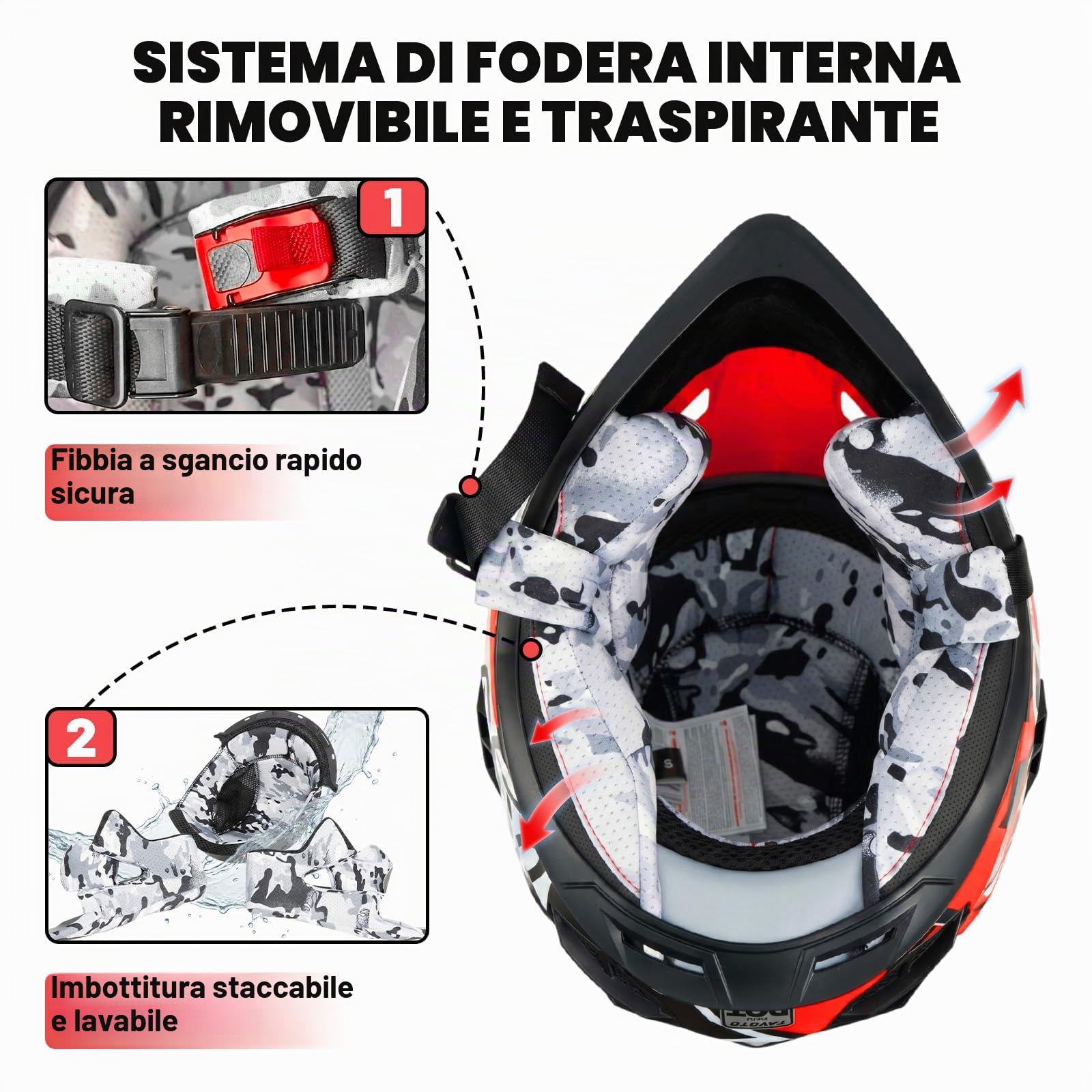 Favoto Casco Motocross Bambino con Occhiali e Visiera – Omologato ECE 22.06, Casco Cross per Dirt Bike, Offroad e Quad, Rosso-Nero M (51–52 cm)