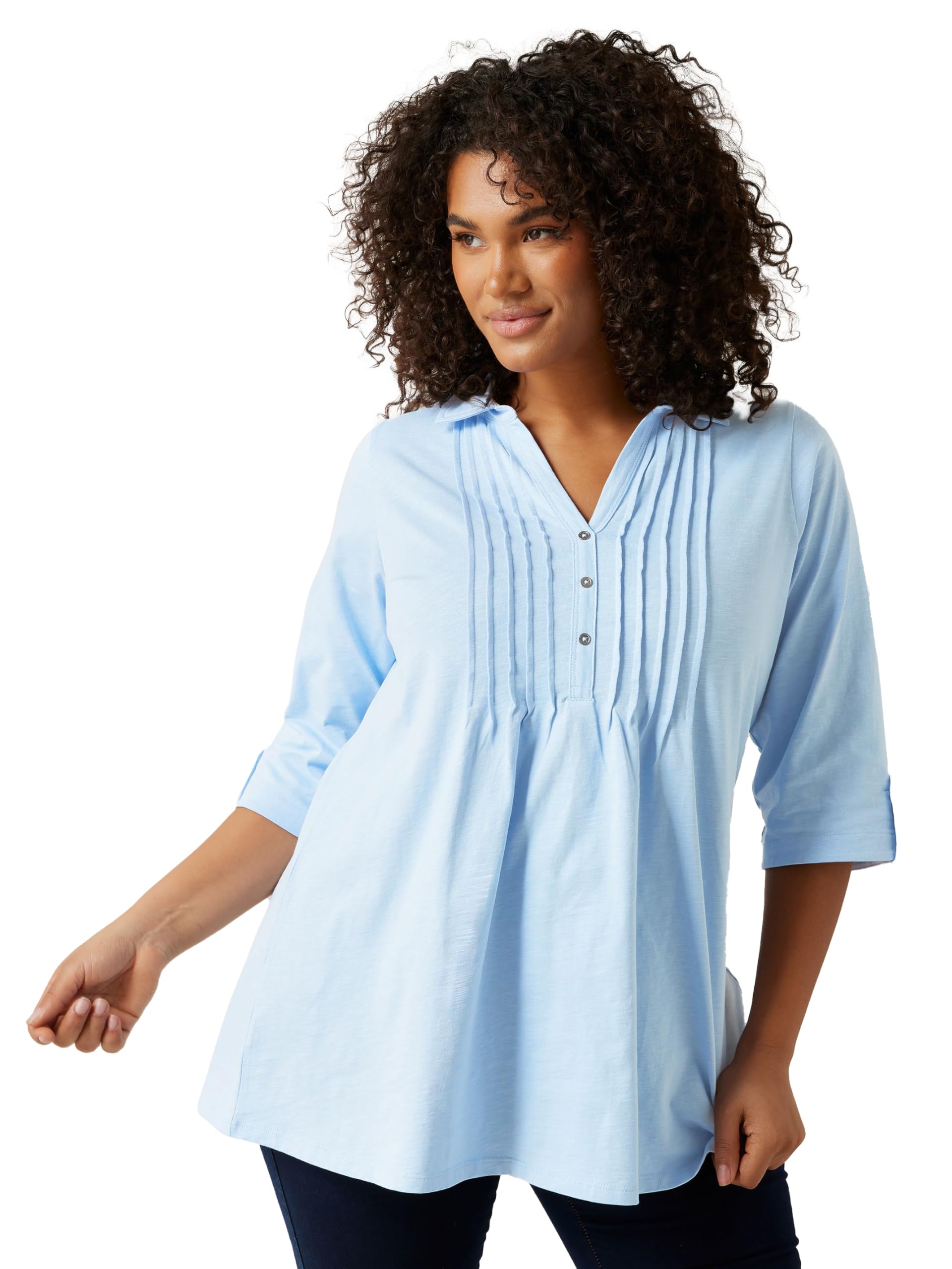 Evans Women's Light Blue Curve Pintuck Henley Top - Plus Size Curve