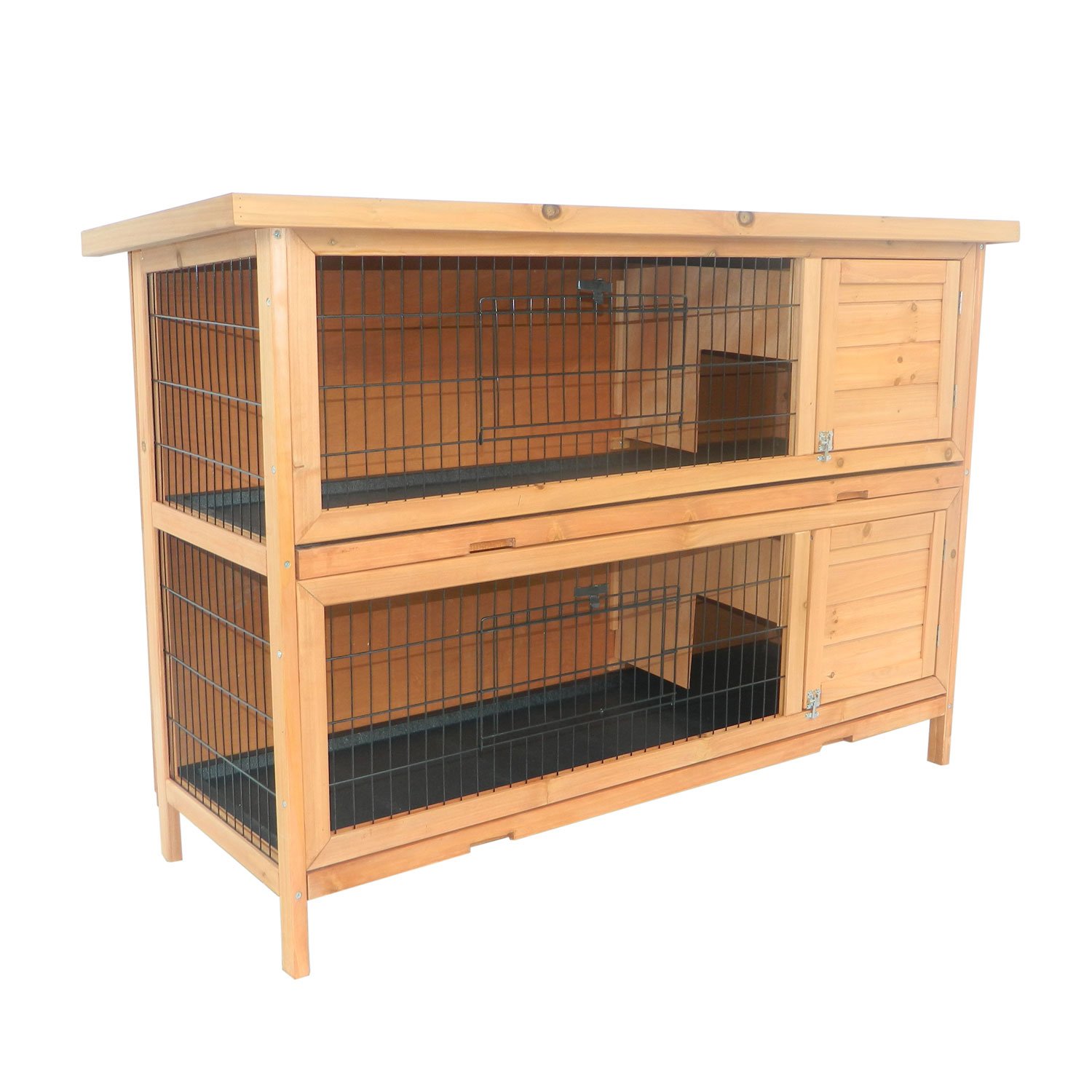 PawHut Conejera Madera de Exterior Jaula para Conejo 2 Niveles Bandeja Extraíble Estructura de Malla Metálica Puertas con Pestillos Resistente al Agua 136.4x50x93 cm
