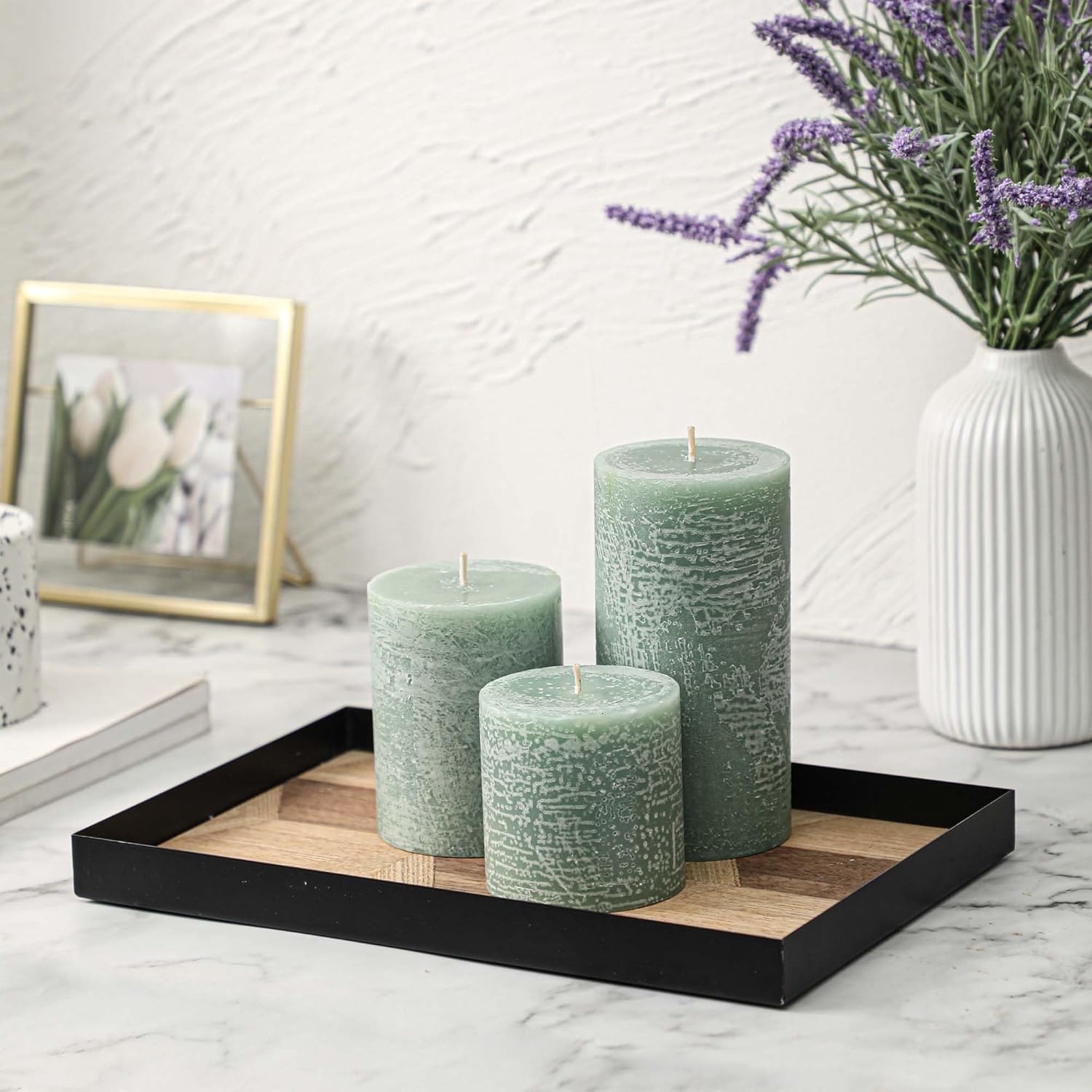 3x3 Inch Sage Green Pillar Candles - Set of 3, Long Clean Burning, Smokeless Dripless Candles for Spring Home Decor, Dinner Table, Bathroom, Rustic Decor - Image 5