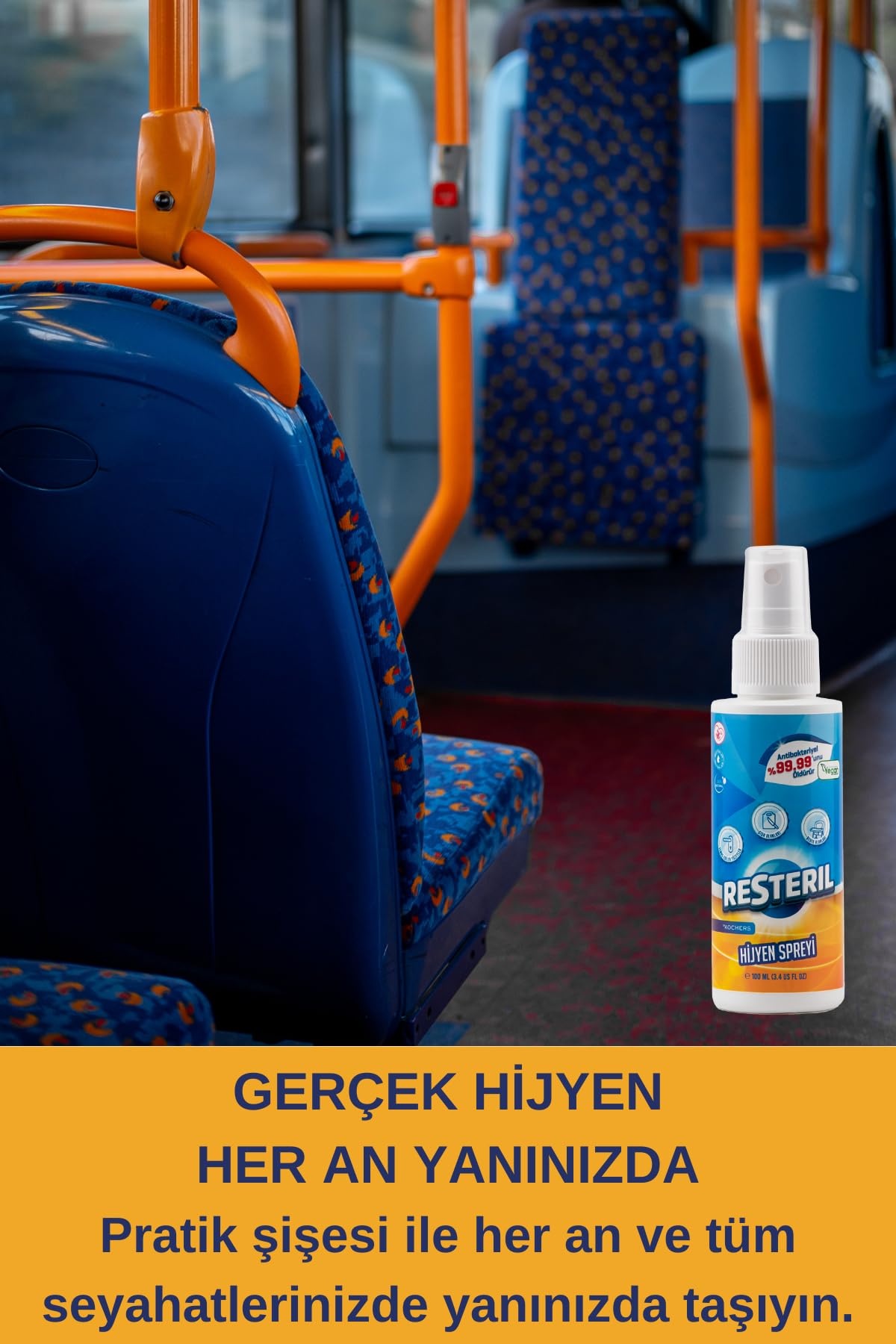 Resteril Antibakteriyel Alkolsüz Klozet Kapağı Temizleyici Yüzey Dezenfektan Sprey Seyahat Boy Hijyen 100ml