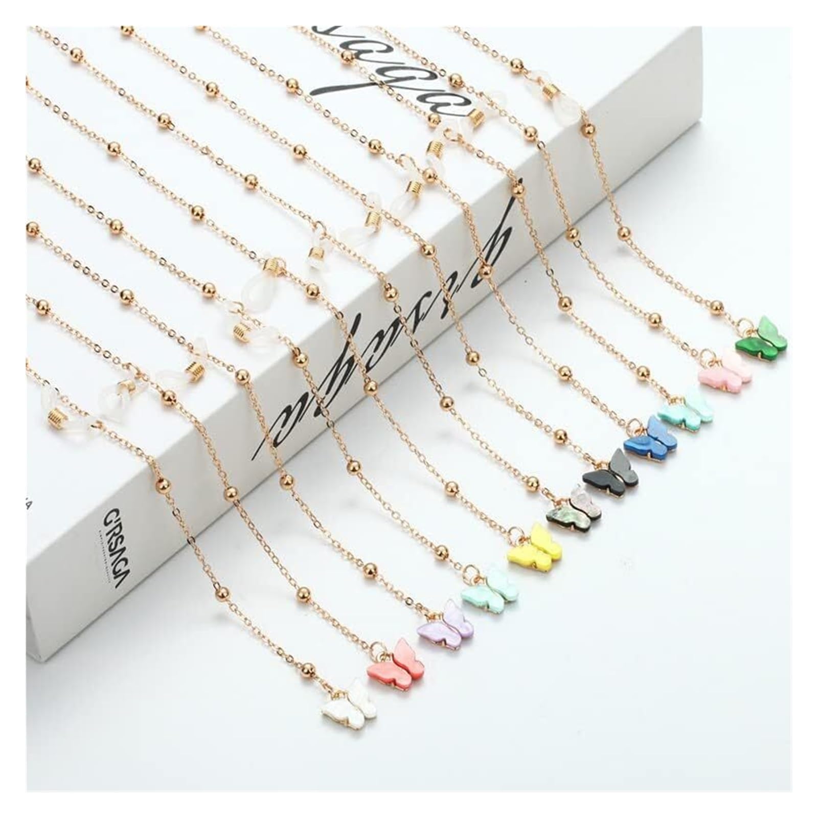 Brillenkette, Brillenseil, Brillenketten-Lanyard, modischer und schicker Spitzen-Schmetterlingsanhänger, Brillenkette, Sonnenbrille, Lesebrillen-Seil-Clip, Halsband-Seil(Yellow)