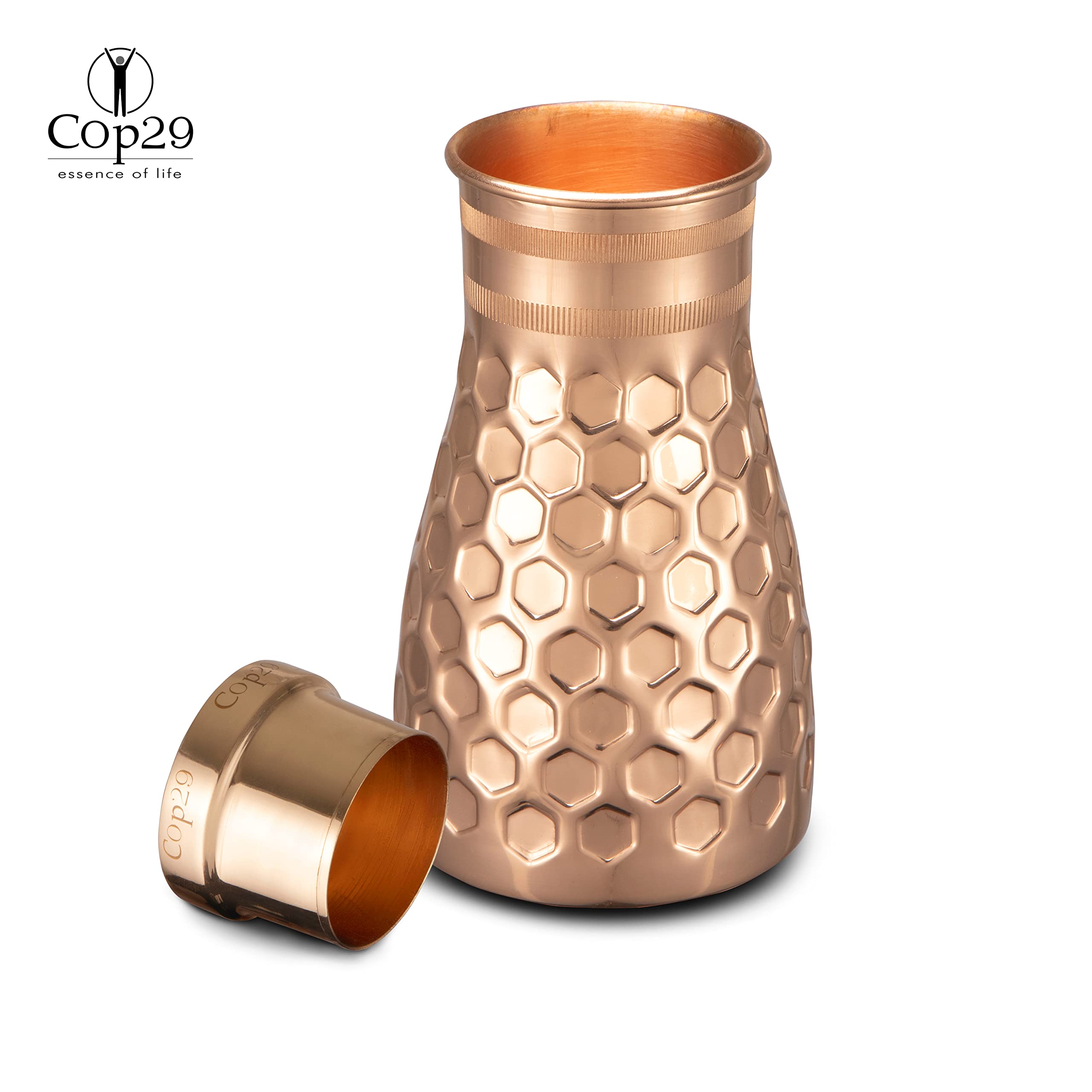 Cop29 Borraccia fatta a mano Dolny Matt a nido d'ape in rame per camera da letto, brocca con coperchio, caraffa per acqua da comodino (per uso interno con coperchio allentato) -1000 ml/34 oz
