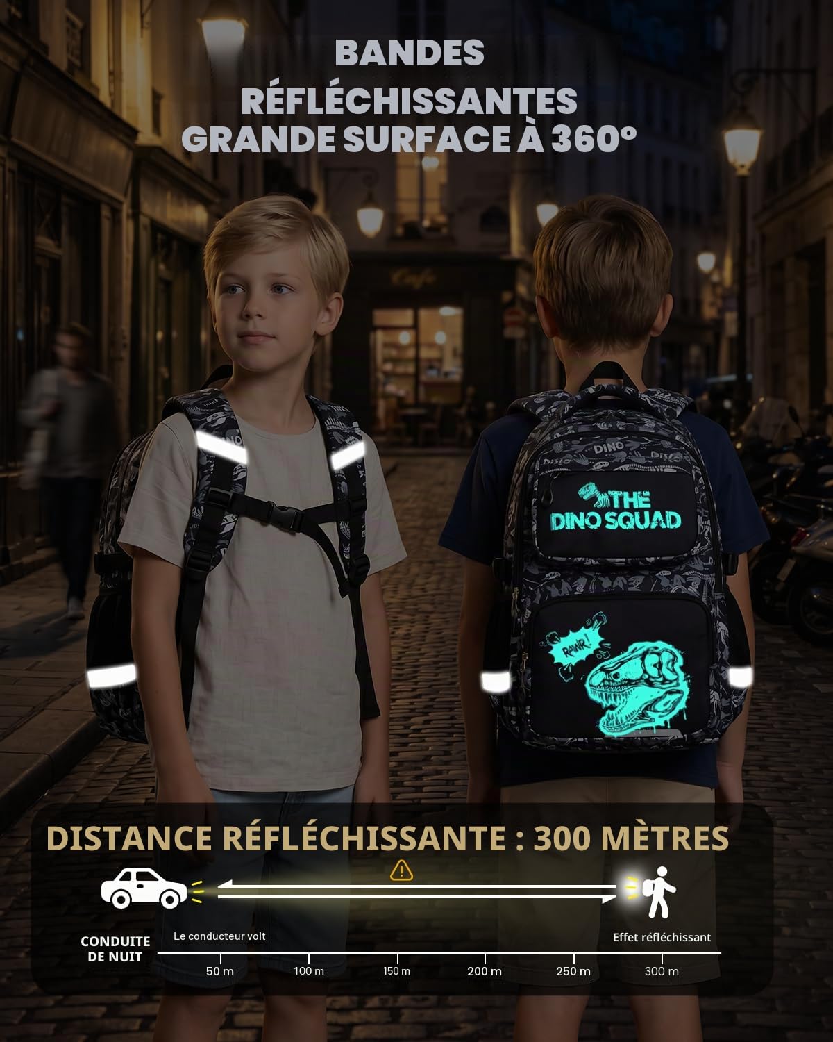 Amythe Cartable École Garçons Classes de 1 à 4 Lumineux Voyage, Dinosaure | Grand Réfléchissant Compartiment Laptop Dinosaure Daypack Multi-Poches Spacieux Robuste pour École Randonnée
