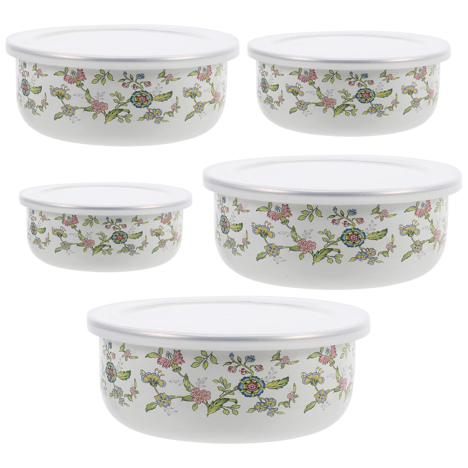 Set di 5 Ciotole Smaltate Vintage con Coperchio per Alimenti