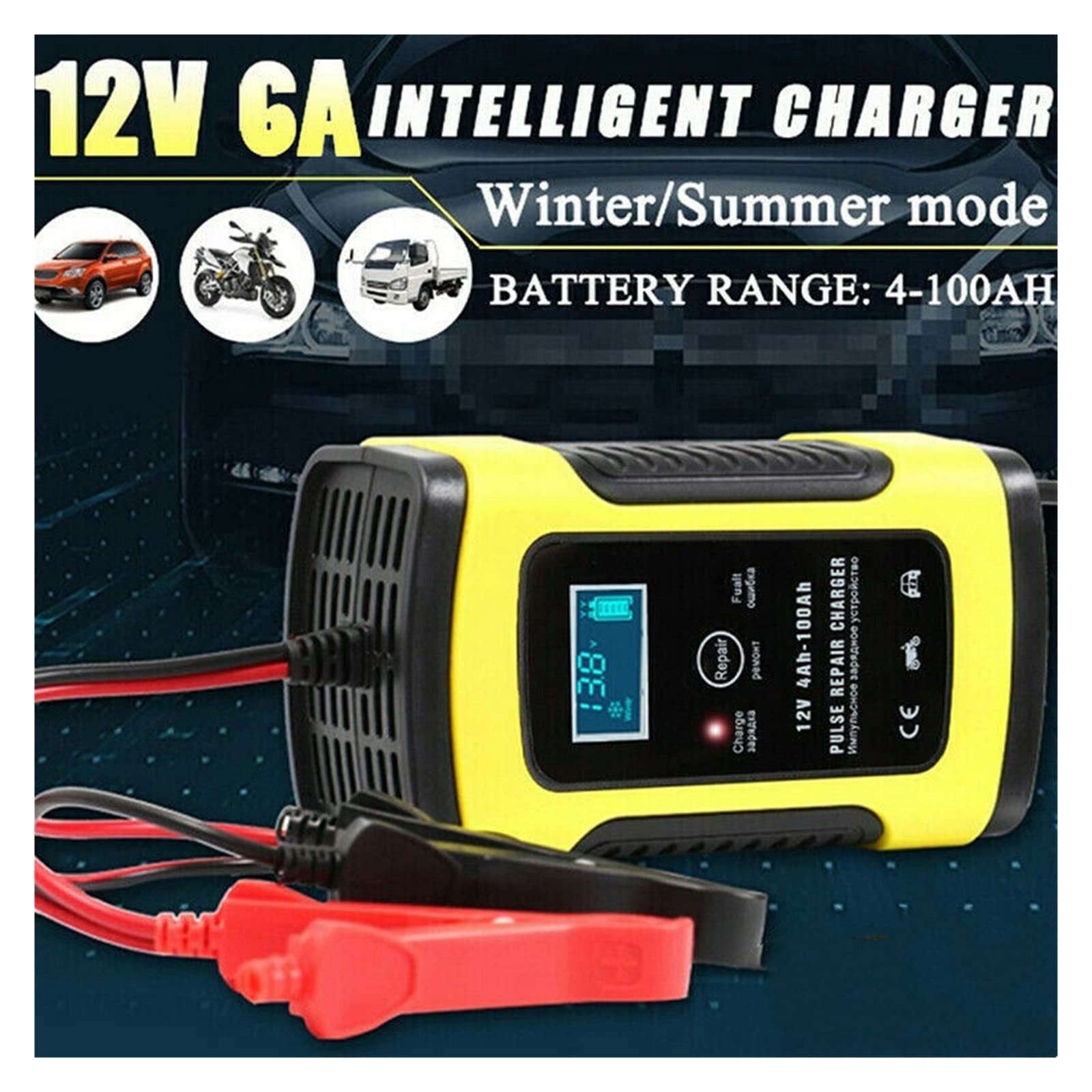Ładowarka Baterii, 12V 6A w pełni inteligentna ładowarka do naprawy samochodu inteligentna szybka automatyczna ładowarka akumulatorów kwasowo-ołowiowych z wentylatorem chłodzącym wyświetlacz LCD