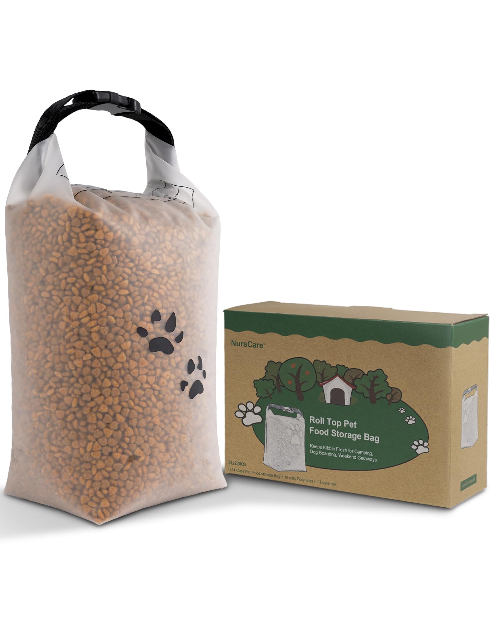 NursCare Pet Food Storage Bag with Roll-Top Closure for Travel,Camping Trip, Dog Boarding, 14 cups + 195 Poop Bags.
