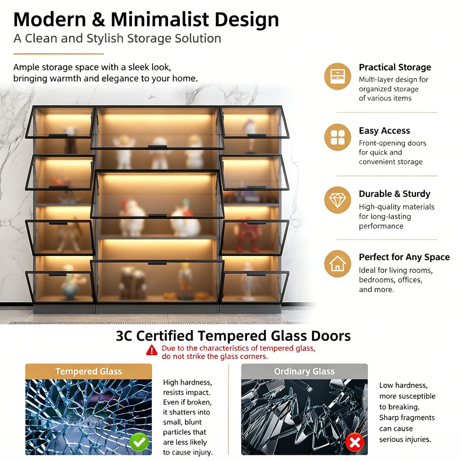 Vitrina expositora de vidrio templado con puertas abatibles y luz LED, mueble almacén de 4 estantes para figuras de acción, modelos y decoración del hogar(Black Frame Gray Body,80cm)