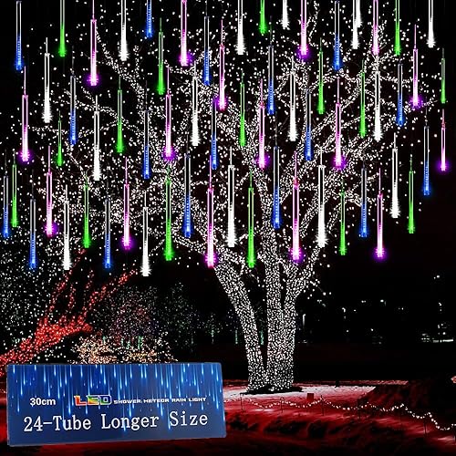 Kwaiffeo Luces de carámbano para exteriores, 24 tubos (equivalente al paquete de 3 8 tubos), luces de lluvia de meteoritos para decoración de
