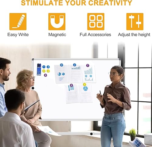 Miniatura 5 de Pizarra blanca con soporte de 40 x 30, pizarra magnética de borrado en seco con soporte, pizarra blanca rodante ajustable en altura sobre ruedas,