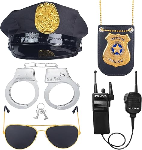 Beelittle - Kit de policía, gorro de policía con esposas, walkie talkies, esposas, placa y lentes
