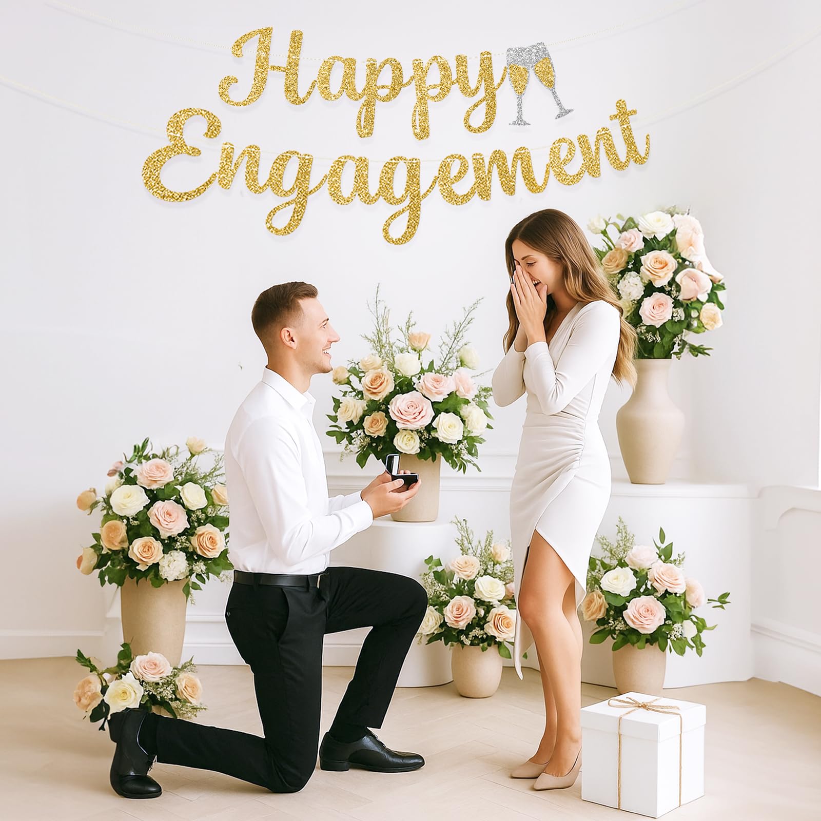 jijAcraft Pre-Strung Happy Engagement Banner: Gold Glitter Engagement Party Banner No-DIY 6M Happy Engaged Banners for Wedding Engaged Party Congratulation Proposal Decorations - Image 2