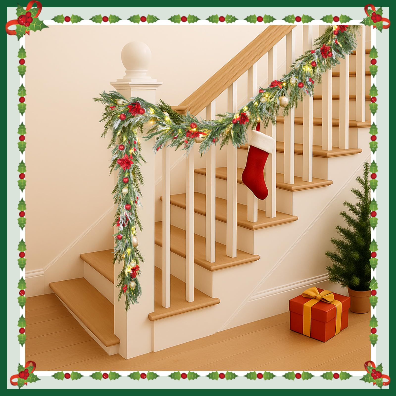 VIHOSE Guirnalda de Navidad de 6 pies con luces, superficie artificial preiluminada de Navidad con lazos rojos, flores, bolas de Navidad para chimeneas, escaleras, barandillas, hogar, Navidad