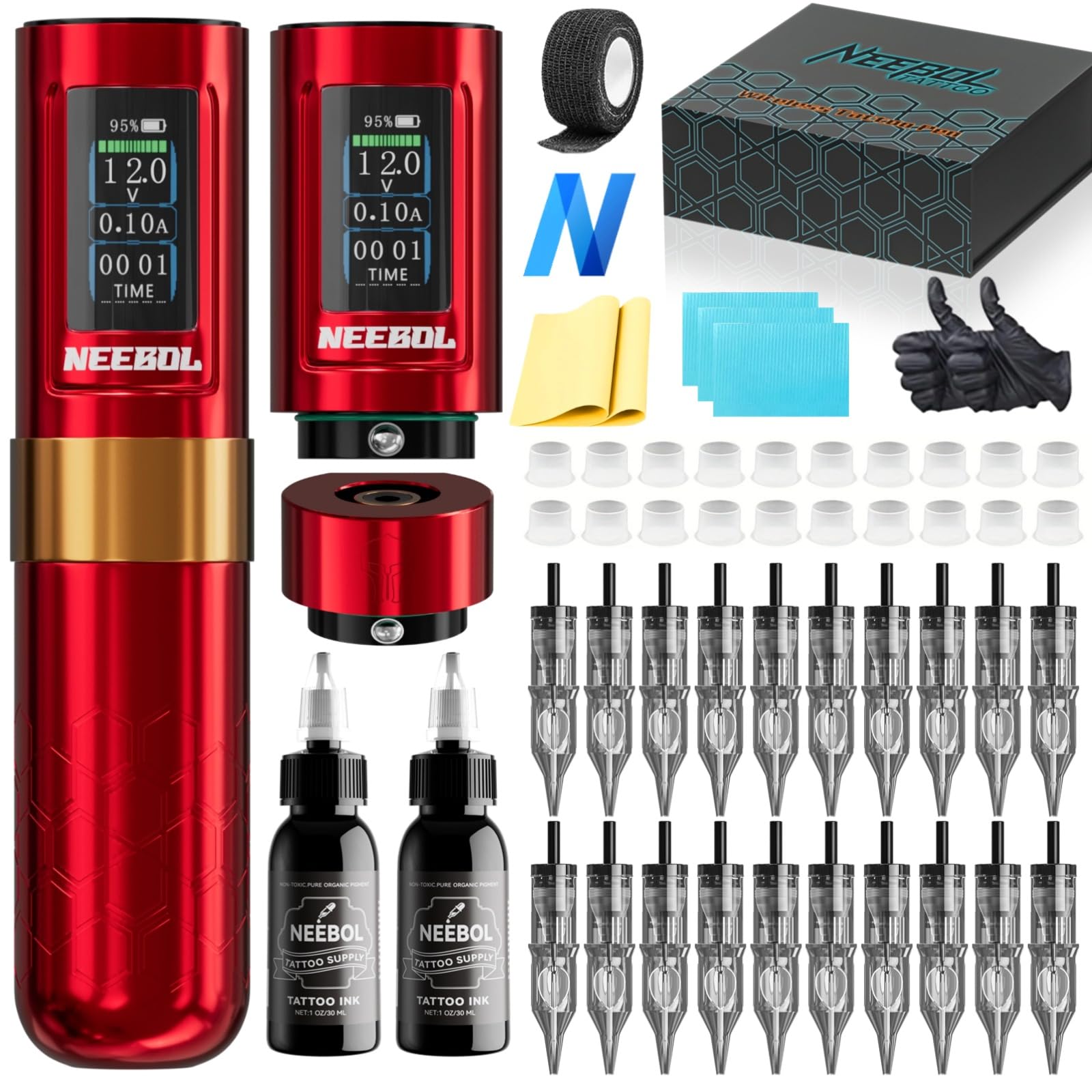Neebol Cordless/Wired Tattoo Gun Kit with Extra Battery Complete Powerful Tattoo Pen Machine Set, 20 Tattoo Cartridge Needles, Black Tattoo Ink, Tattoo Supplies Equipment For Beginners and Pros