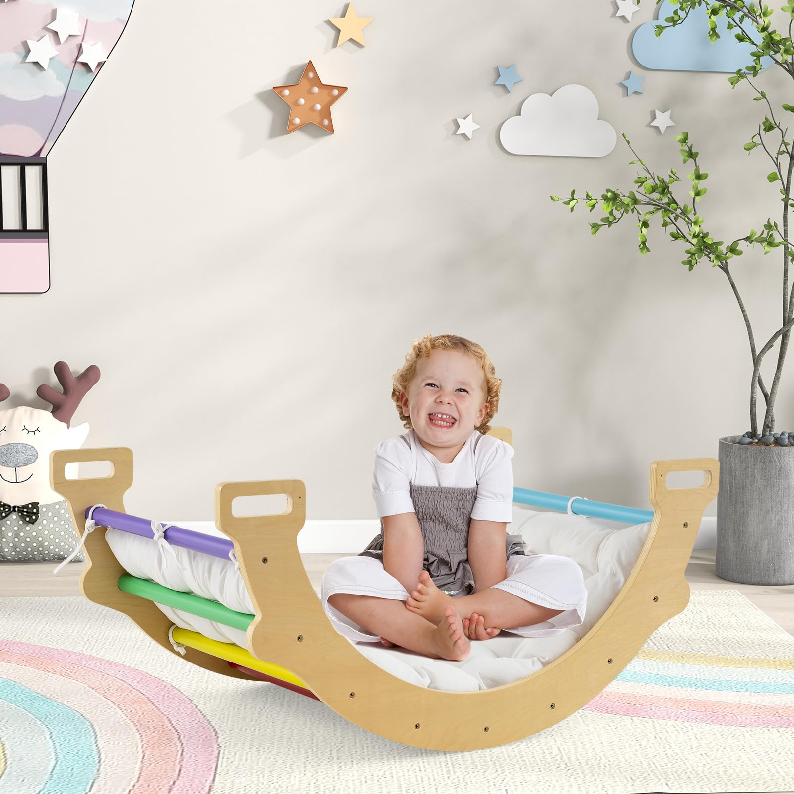 GYMAX Arco da Arrampicata per Bambini, Arco a Dondolo in Legno con Cuscino Accogliente, Struttura per Arrampicata e Dondolo in Legno per Bambini 1+ Anni (Colorato, 81,5 x 50 x 38 cm)