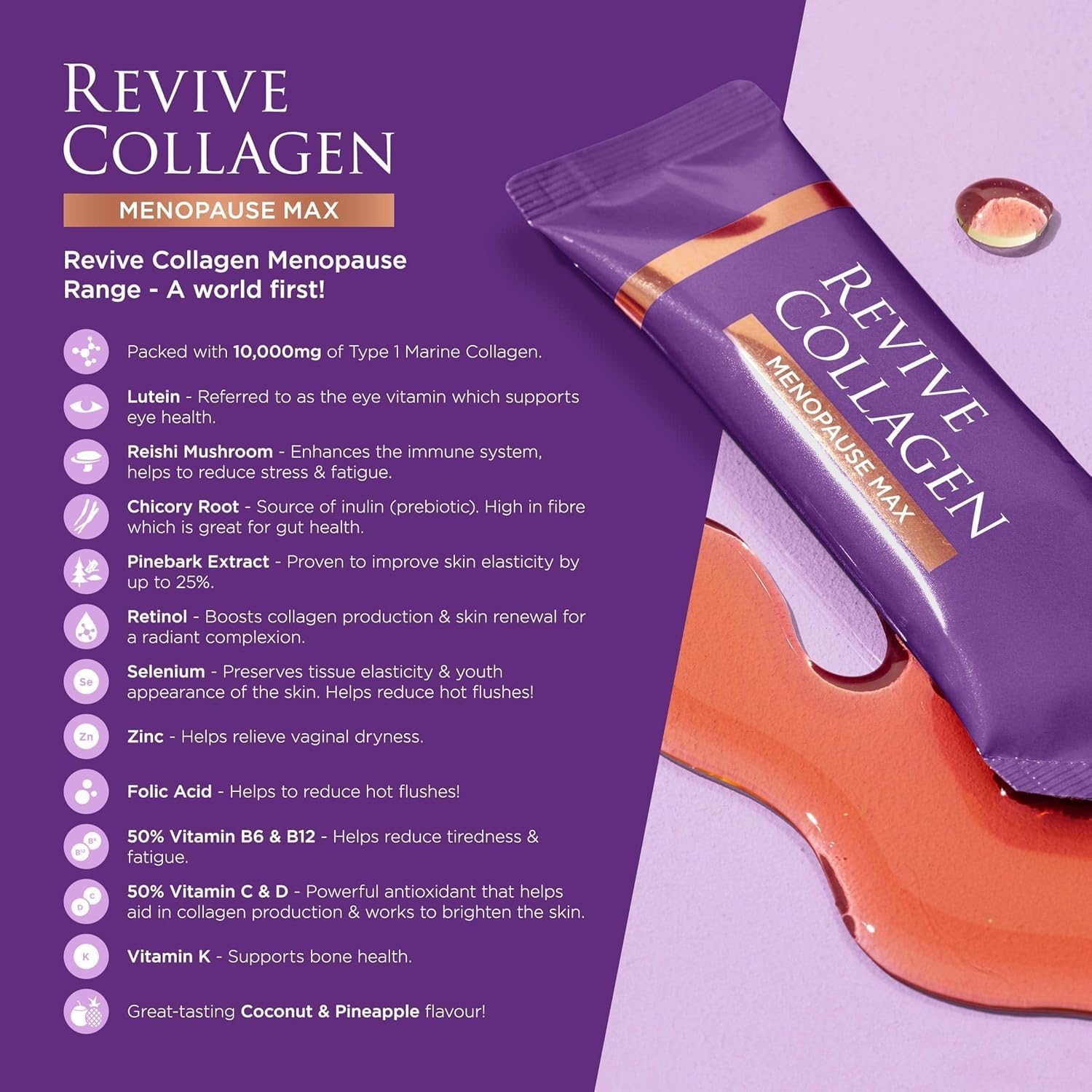 Revive Collagen Menopause Max — Hydrolyzed Marine Collagen Drink for Women, 10,000MG, Lutein, Reishi Mushroom, Vitamin B6, B12, C & D, for Skin & Eye Health, Pineapple & Coconut Flavour — 14 Sachets - Image 4