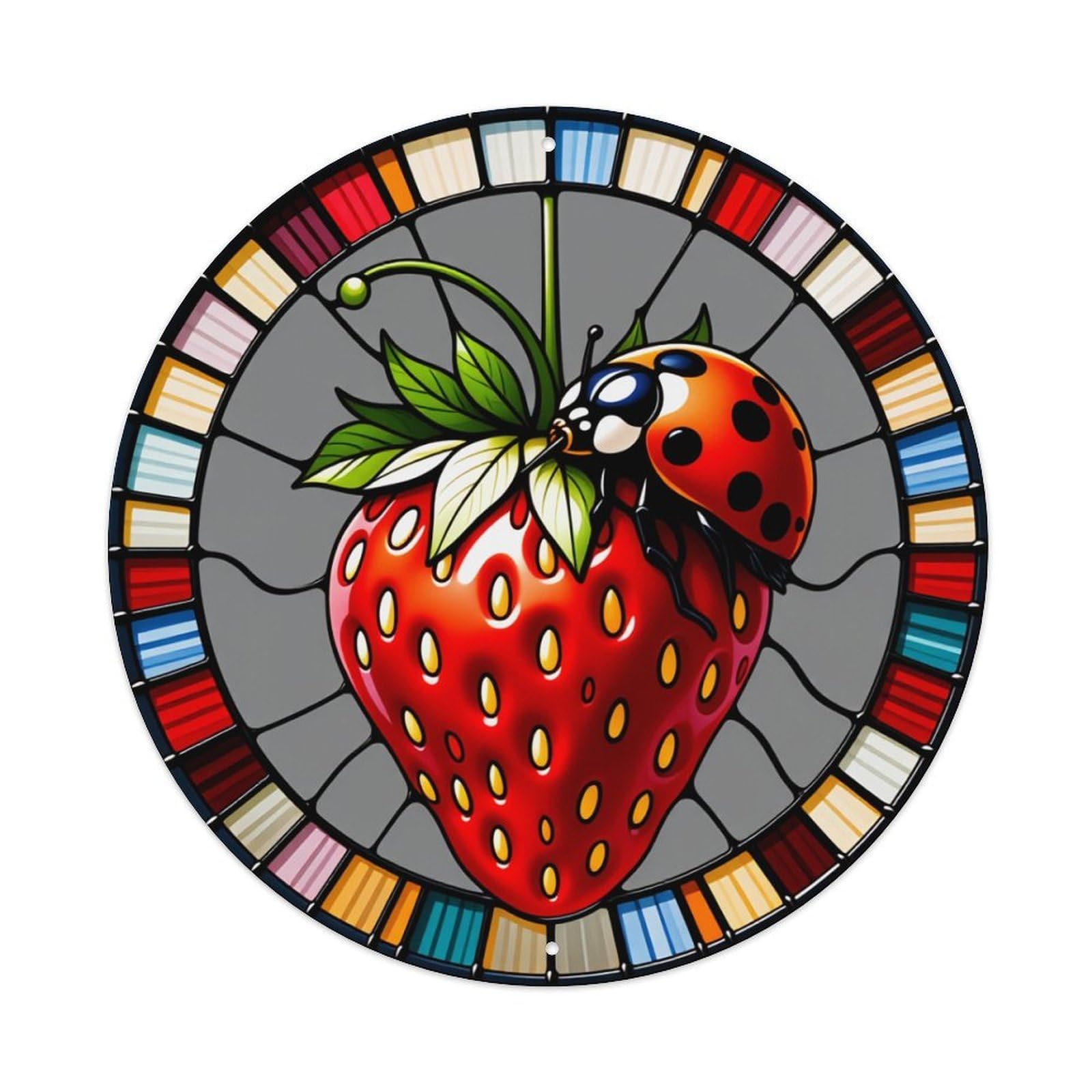 Stained Glass Strawberry Ladybug Art Round Tin Sign Vintage Metal Poster Retro Bar, Home, Man Cave, Kitchen, Laundry Room Wall Art Decor Gift 8x8Inch