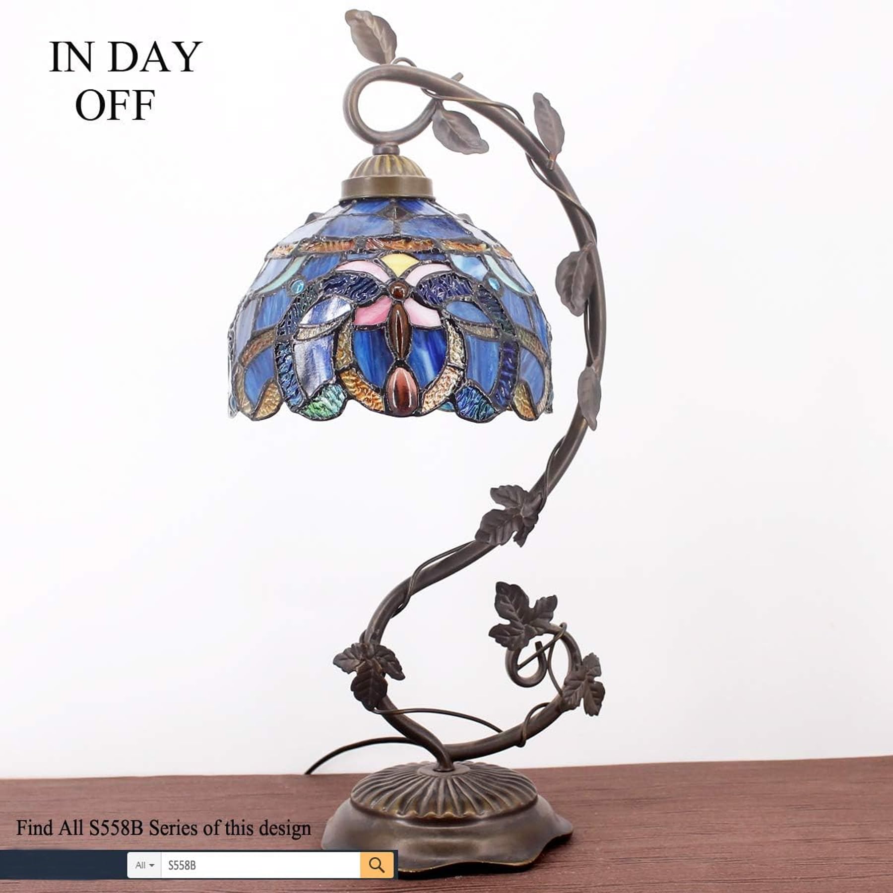 WERFACTORY Tiffany Lamp - Lámpara de mesa de cristal azul nublado, base de hoja de metal, 8 x 10 x 21 pulgadas, luz de escritorio de lectura, decoración de espacio pequeño, mesita de noche, dormitorio