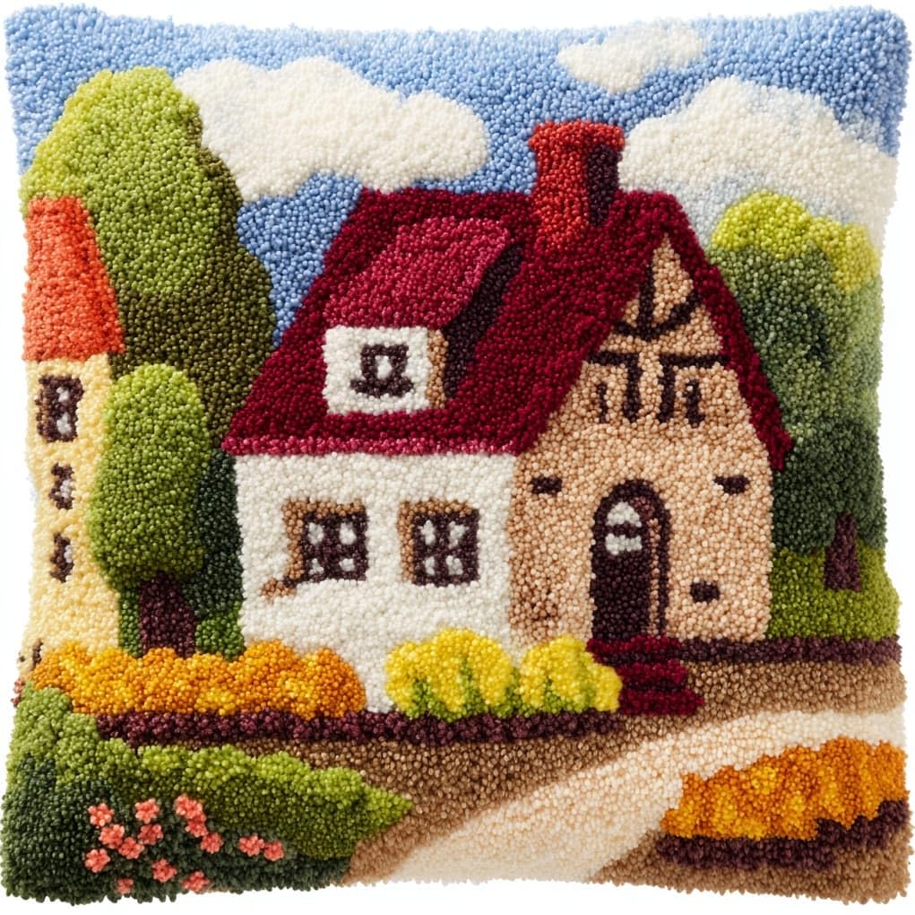 WallustrioaW Latch Hook Pillow Kits Pillow Cover,Cartoon House in the Forest