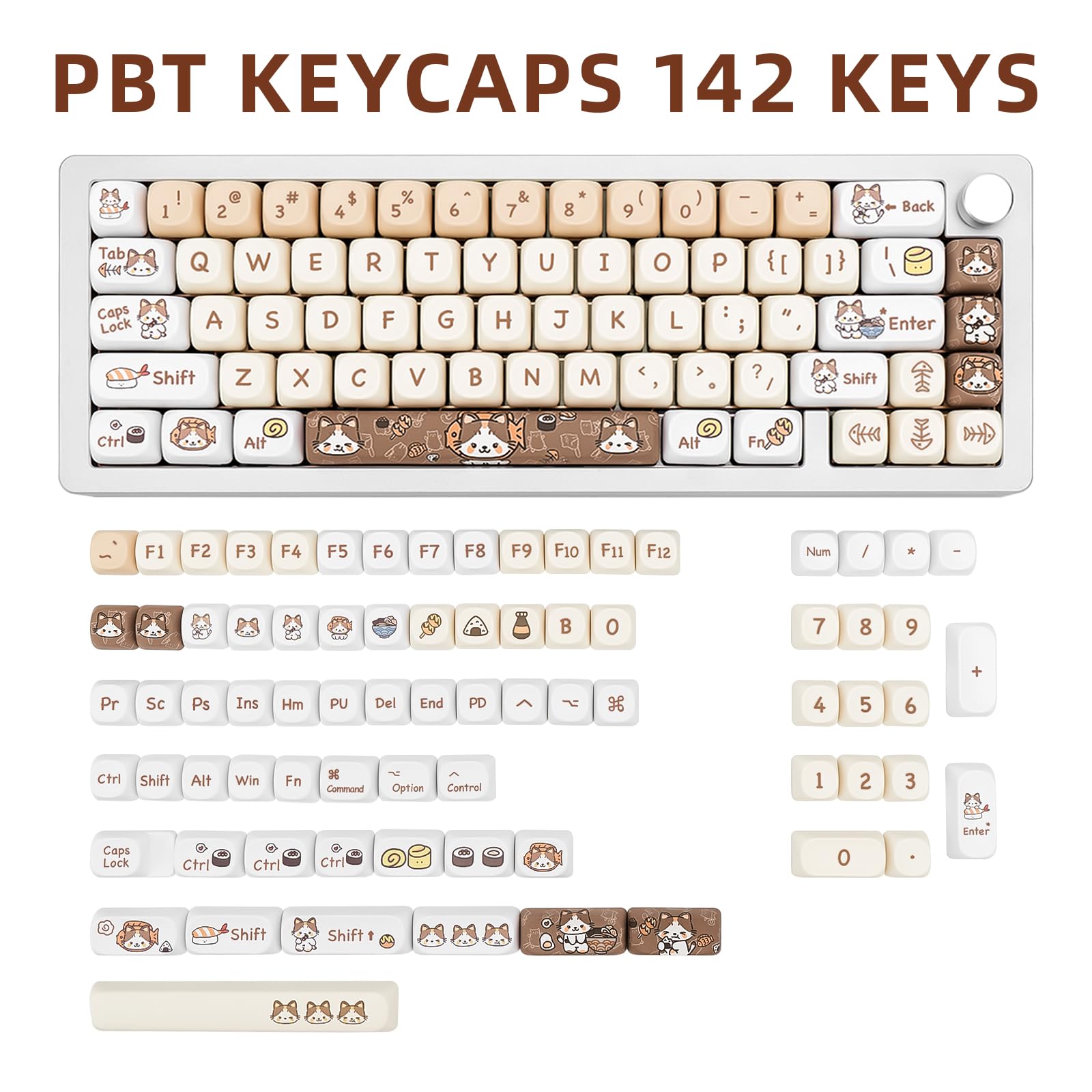 142 Teclas Lindas Teclas de Perfil Moa, Teclas PBT, Teclas Personalizadas Gatos, Teclas Blancas 60 por ciento Lindas Teclas para Teclado Mecánico