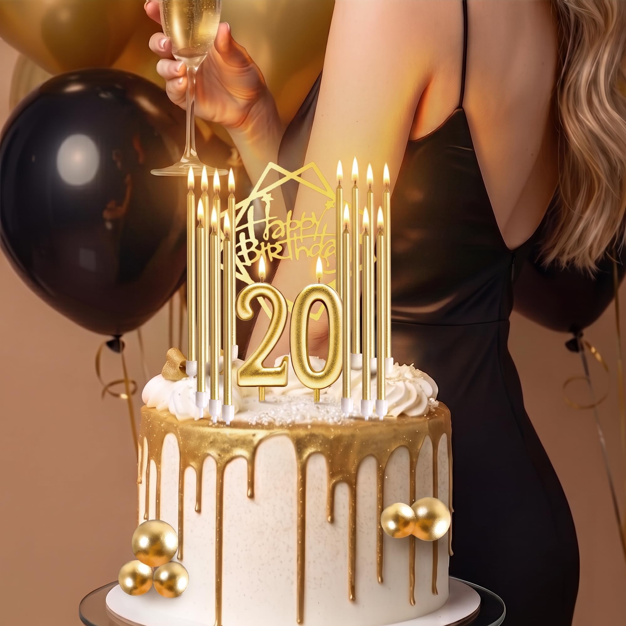 PHD CAKE 46 Stück goldene Geburtstagskerzen, 10 Kuchen-Zahlenkerzen, 9 Kugel-Kuchenaufsätze, 3 Geburtstagskuchenaufsätze, Party-Feier