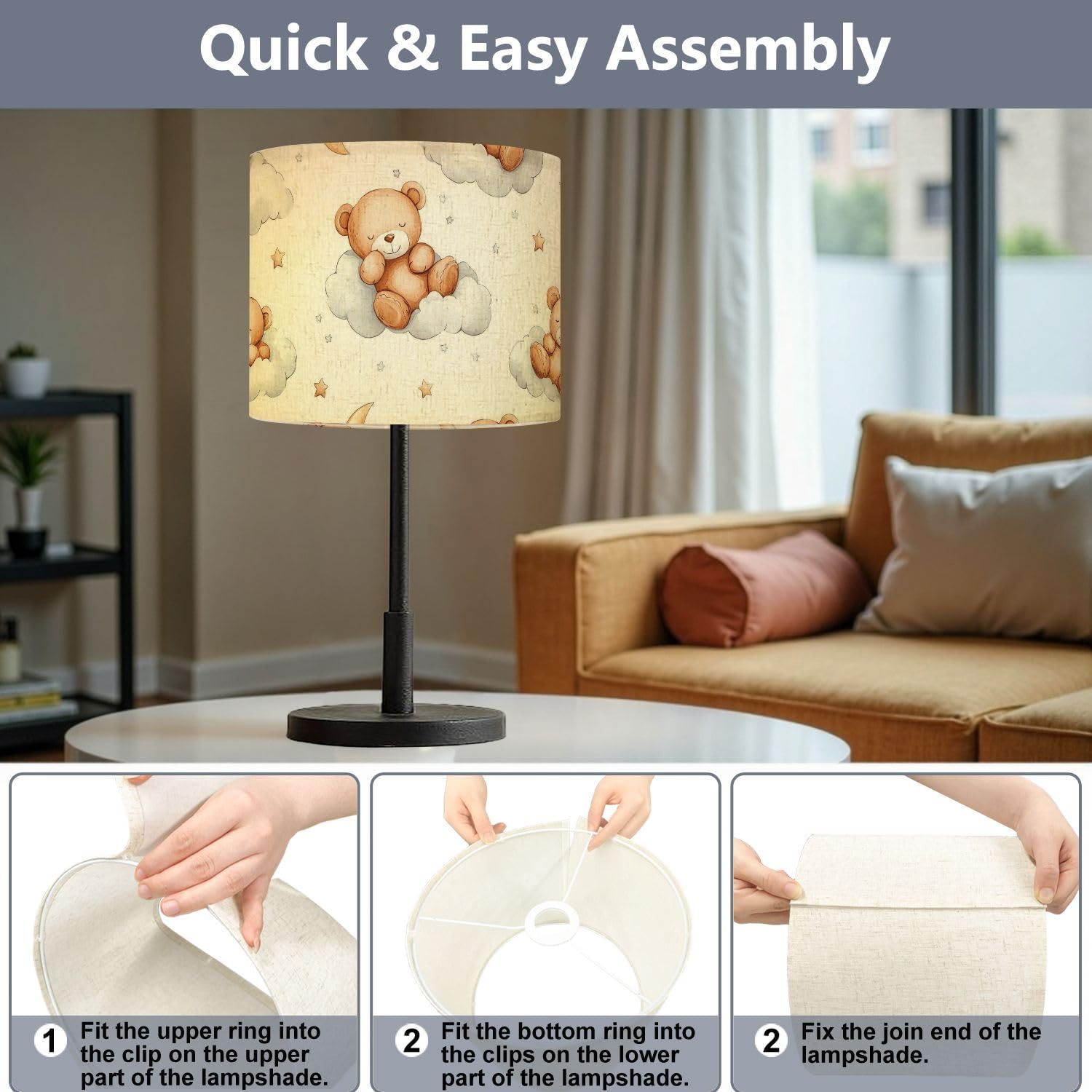 Drum Lamp Shade Seamless teddy bears clouds moon stars watercolor hand drawn white Lampshade for Floor Lamps Table Lamps Pendant Light 11"x8.9" Large Lamp Shades Replacement Linen Lampshades