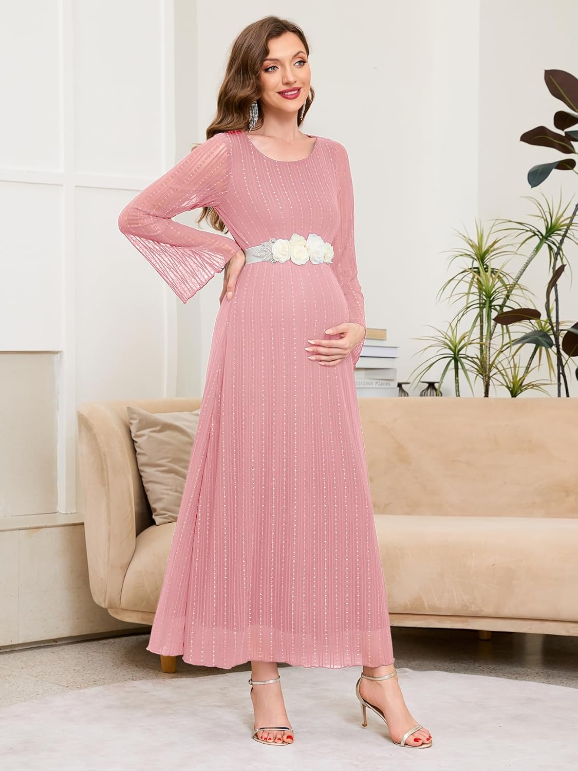 AISWI Maternity Sparkly Mesh Dress Bell Long Sleeve Round Neck A Line Flowy Pregnancy Dresses Baby Shower Semi Formal