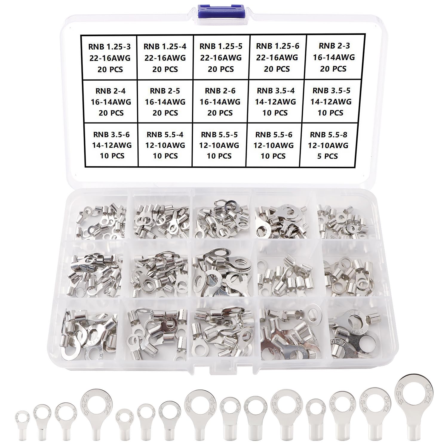 Lyeteung 225 PCS Non Insulated Ring Terminal Kit, Ring Cable Lugs, Tin-Plated Copper Terminals, for Automotive, Home Electrical Wiring, 22-10 AWG