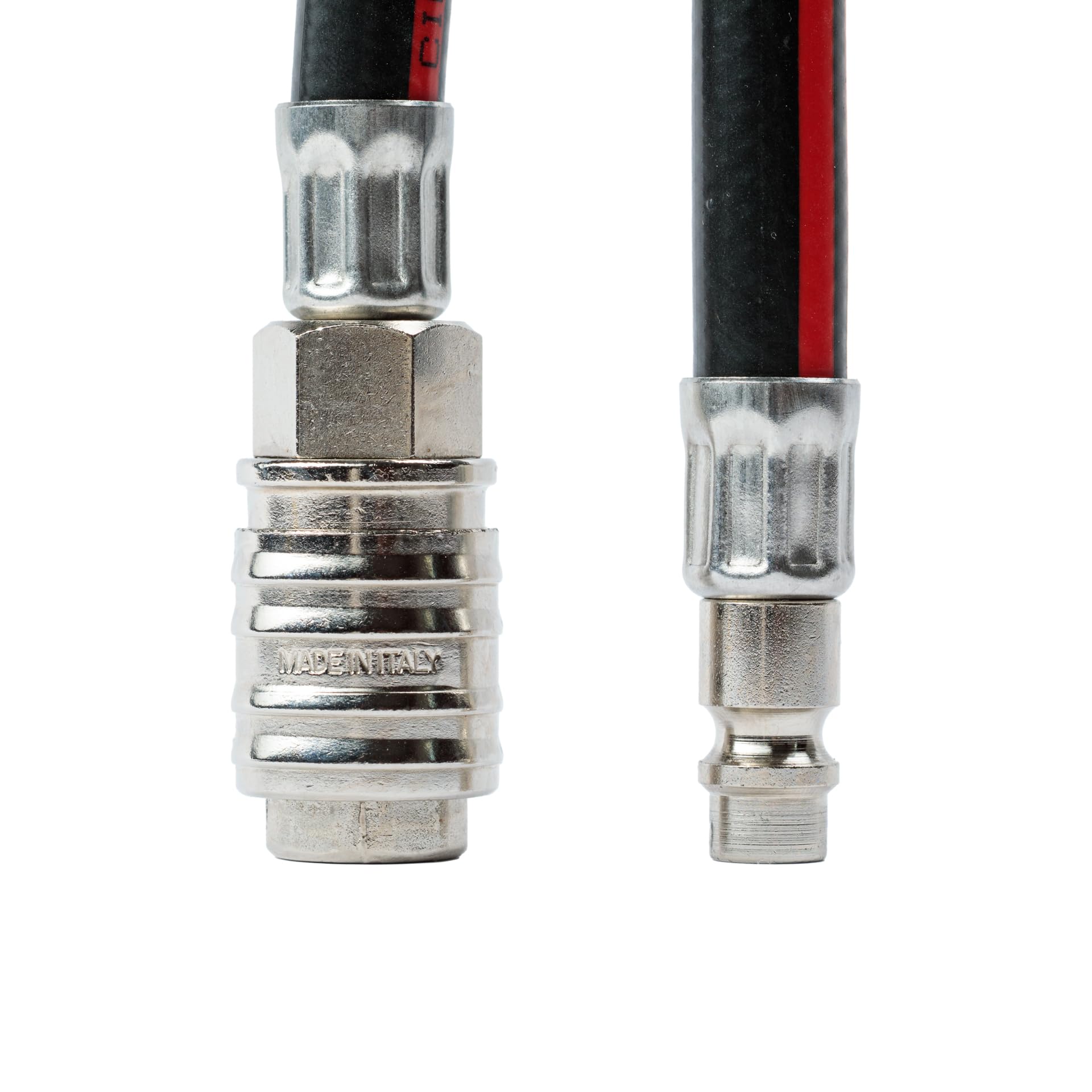 Tubo flessibile per aria compressa in PVC retinato Ø 10 x 15 mm lunghezza 20 mt completo di raccordi ad attacco rapido universale. 100% Made in Italy