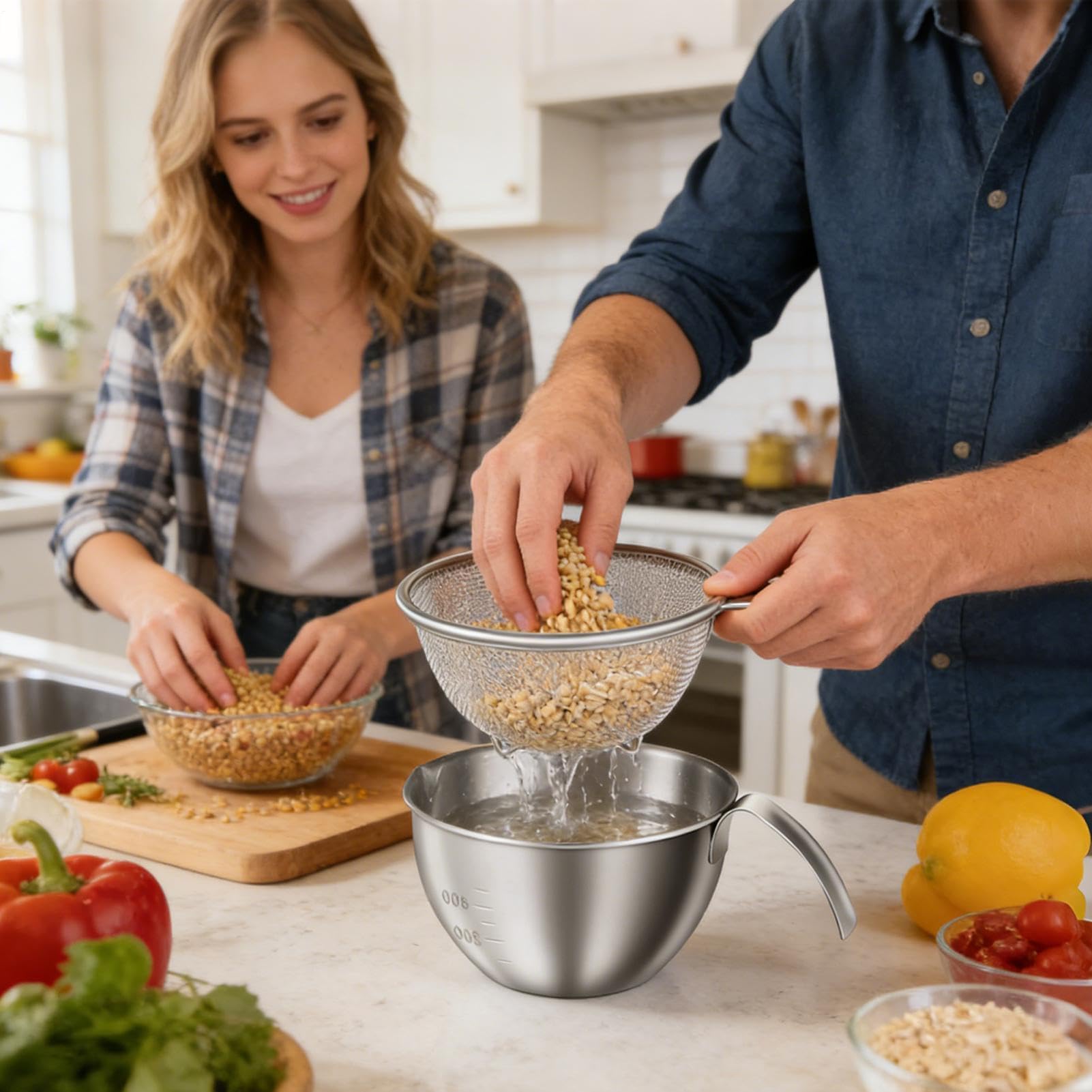 Set di ciotole in acciaio da 14 cm, scolapasta da cucina e ciotole, ciotole per lavare il riso, ciotole con colino, cestini per mescolare con manico, preparazione pasti, insalata,