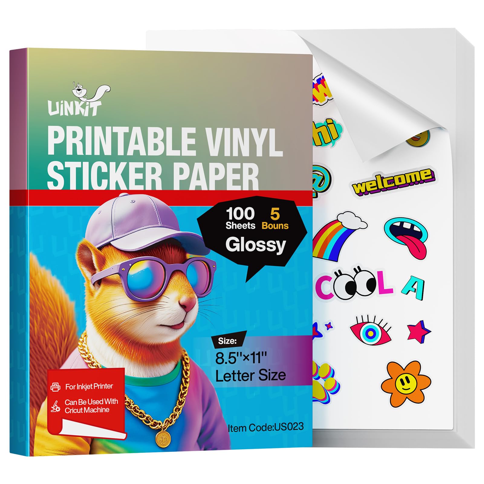 Uinkit 105 Sheets Premium Printable Vinyl Sticker Paper for Inkjet Printer Cricut,included 100Sheets Glossy and 5Sheets Transparent Label Waterproof Adhesive Dries Quickly Tear-Resistant, Removable