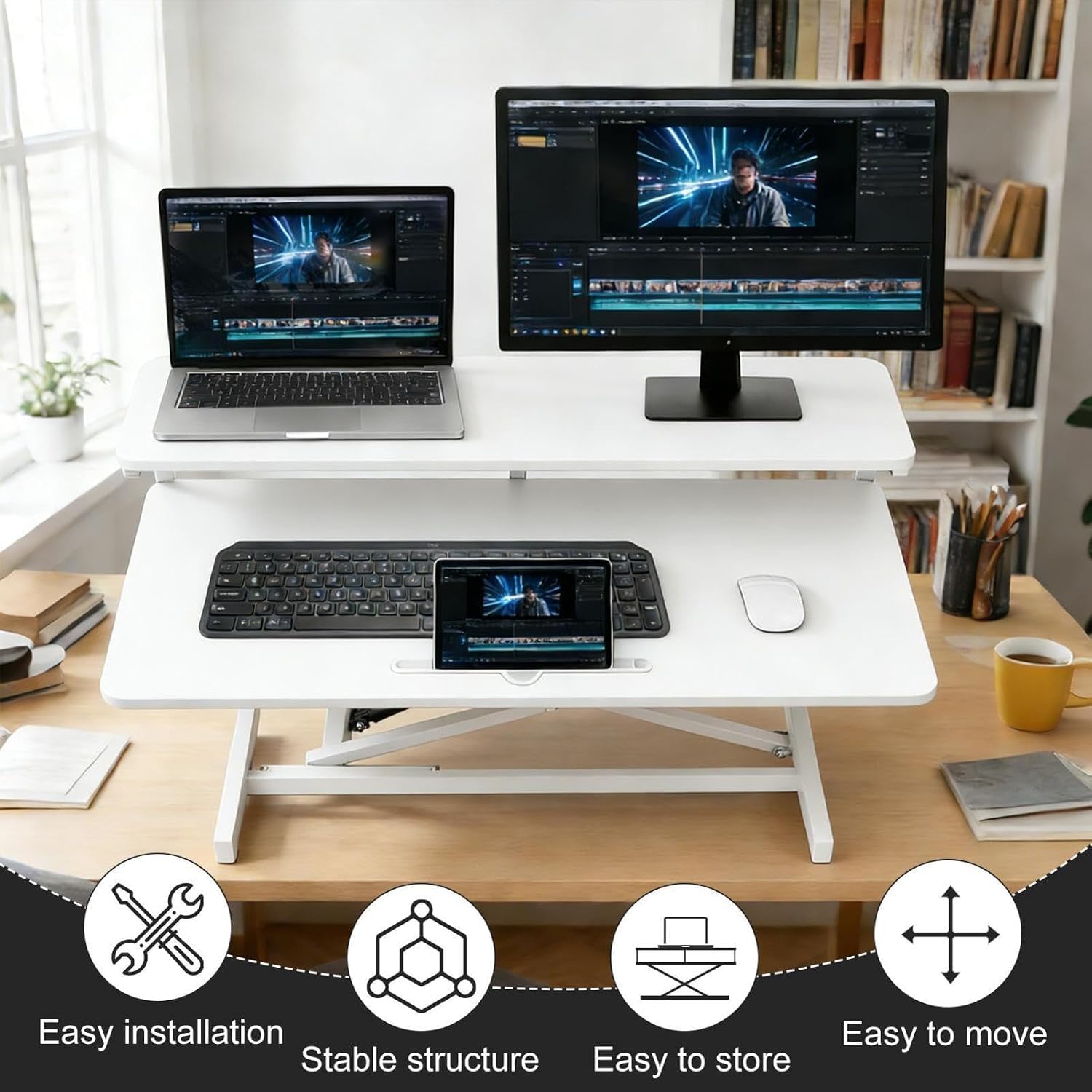 Supporto per scrivania regolabile in altezza, convertitore per doppio monitor da 37 pollici e laptop, postazione di lavoro