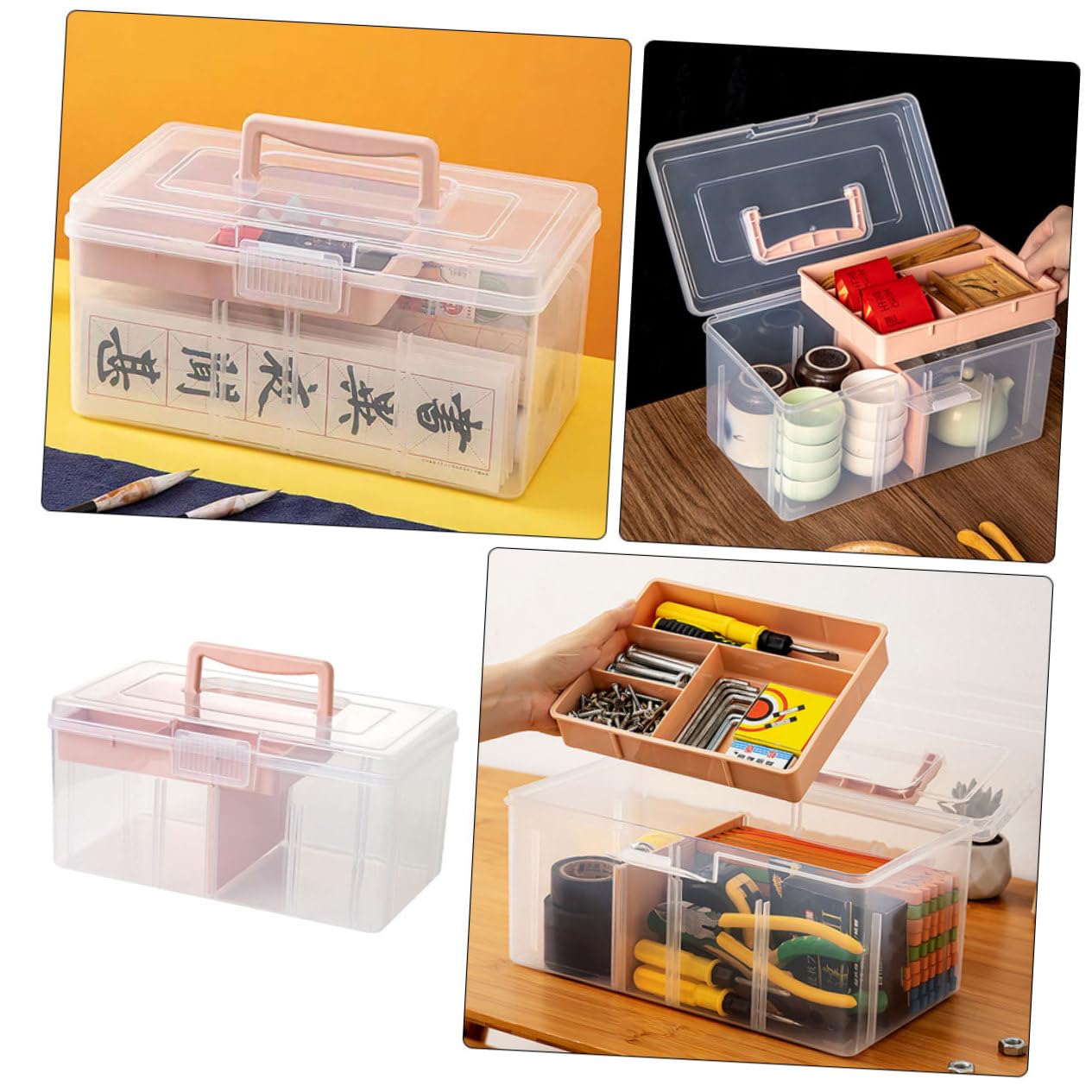 Angoily Scatola Organizer Divisoria Multiuso per Bricolage con Maniglia | Design Trasparente in Pp Rosa, Struttura a Due Livelli, Formato Piccolo per Oggetti e Accessori Creativi