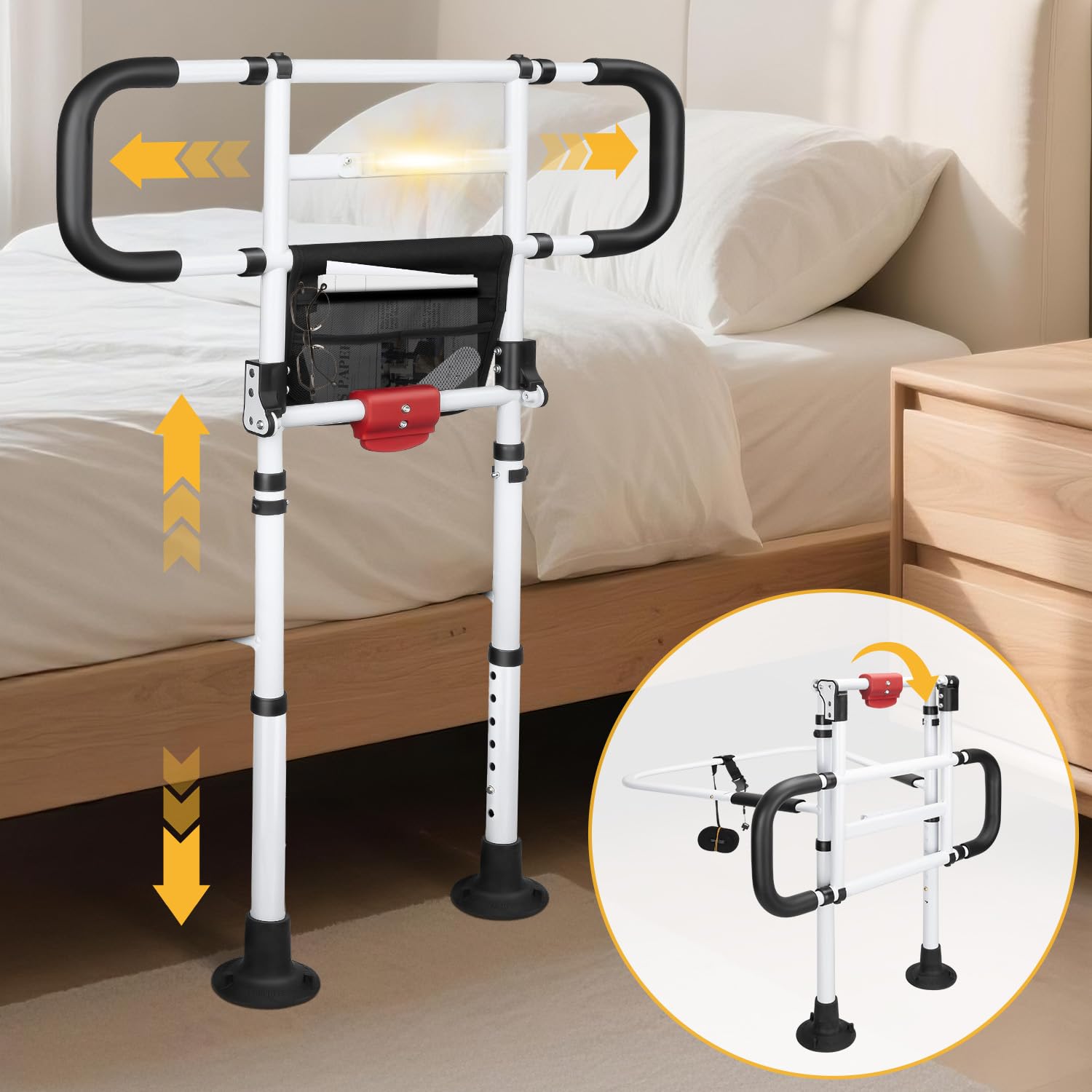 Riel de cama plegable para adultos mayores con luz de sensor de movimiento, mango de asistencia de seguridad ajustable con correas seguras, soporte de mesita de noche resistente, se adapta a
