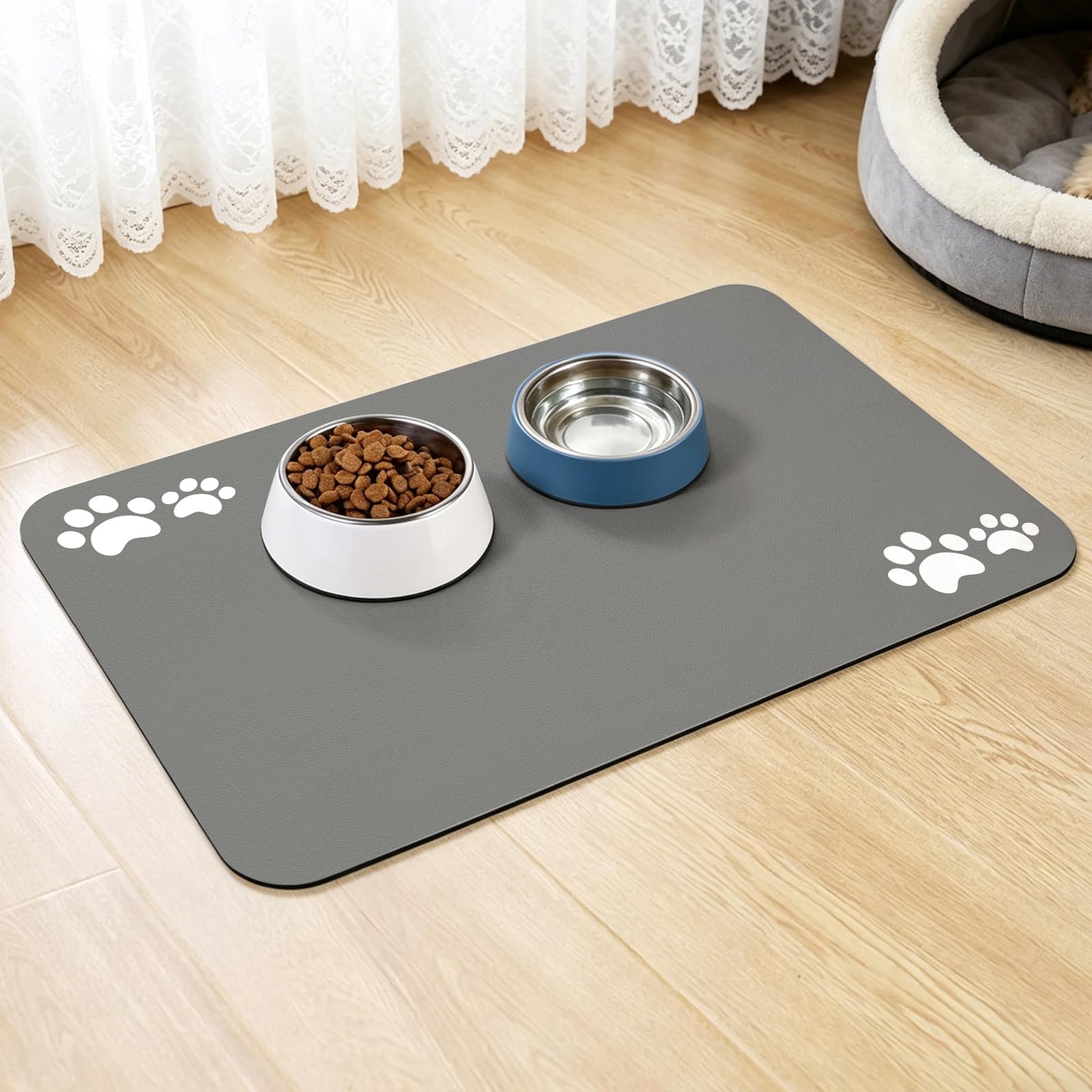 Pet Feeding Mat, Absorbent Dog Bowl Mat Pet Placemat for Food and Water Bowl, Non-Slip Dog Cat Food Bowl Mat with Rubber Backed, Quick Dry Waterproof Dog Placemat (Grey, 40x60cm)