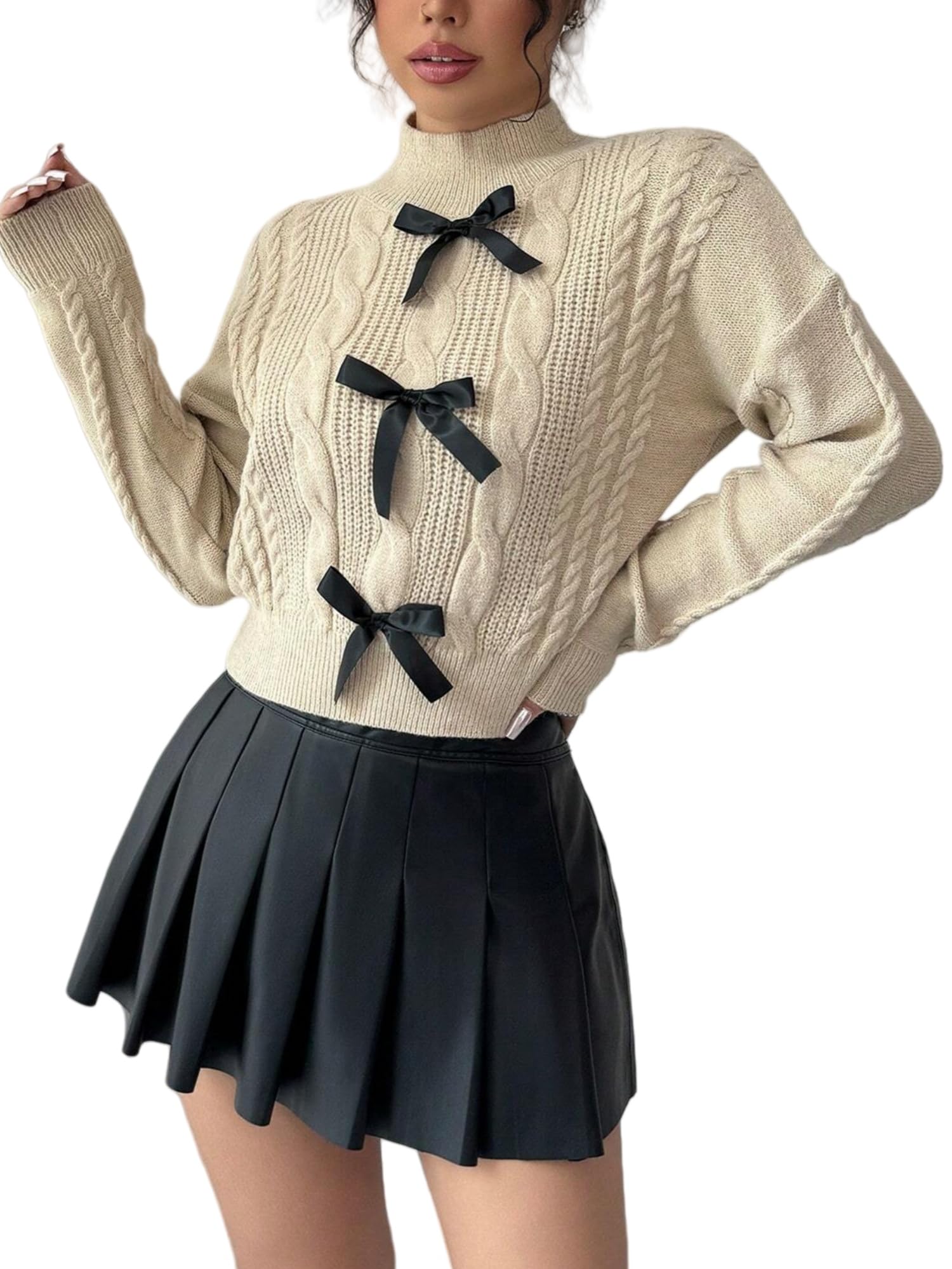 ZAFUL Womens Crew Neck Bowknot Decor Cable Knit Drop Shoulder Long Sleeve Casual Pullover Sweater