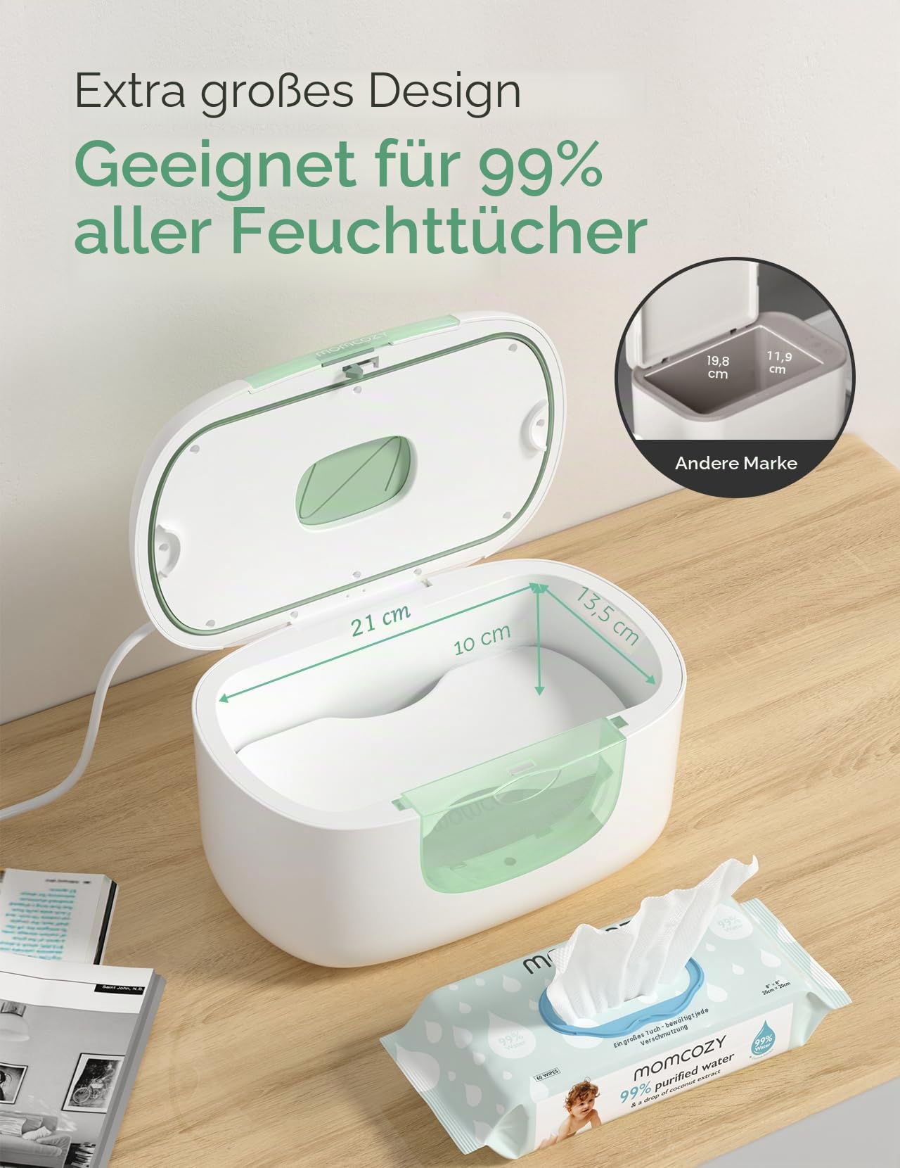 Momcozy Baby-Tücherwärmer, 100 Stück, größeres Fassungsvermögen, 10 Minuten schnelles Aufheizen mit 4 Temperaturmodi, innovatives Feder-Design, Silikon und obere Dichtungen, schnelles gleichmäßiges