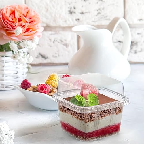 Miniatura 4 de Bekith Paquete de 100 tazas cuadradas de plástico para postres de 8 onzas con tapas y tenedores, vasos de plástico transparente para fiestas,