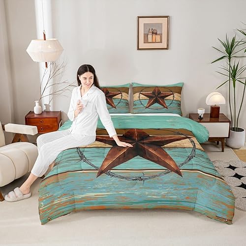 Western Texas Star Kids Comforter Set King Size,Old Wooden Door Barn Vintage Bed