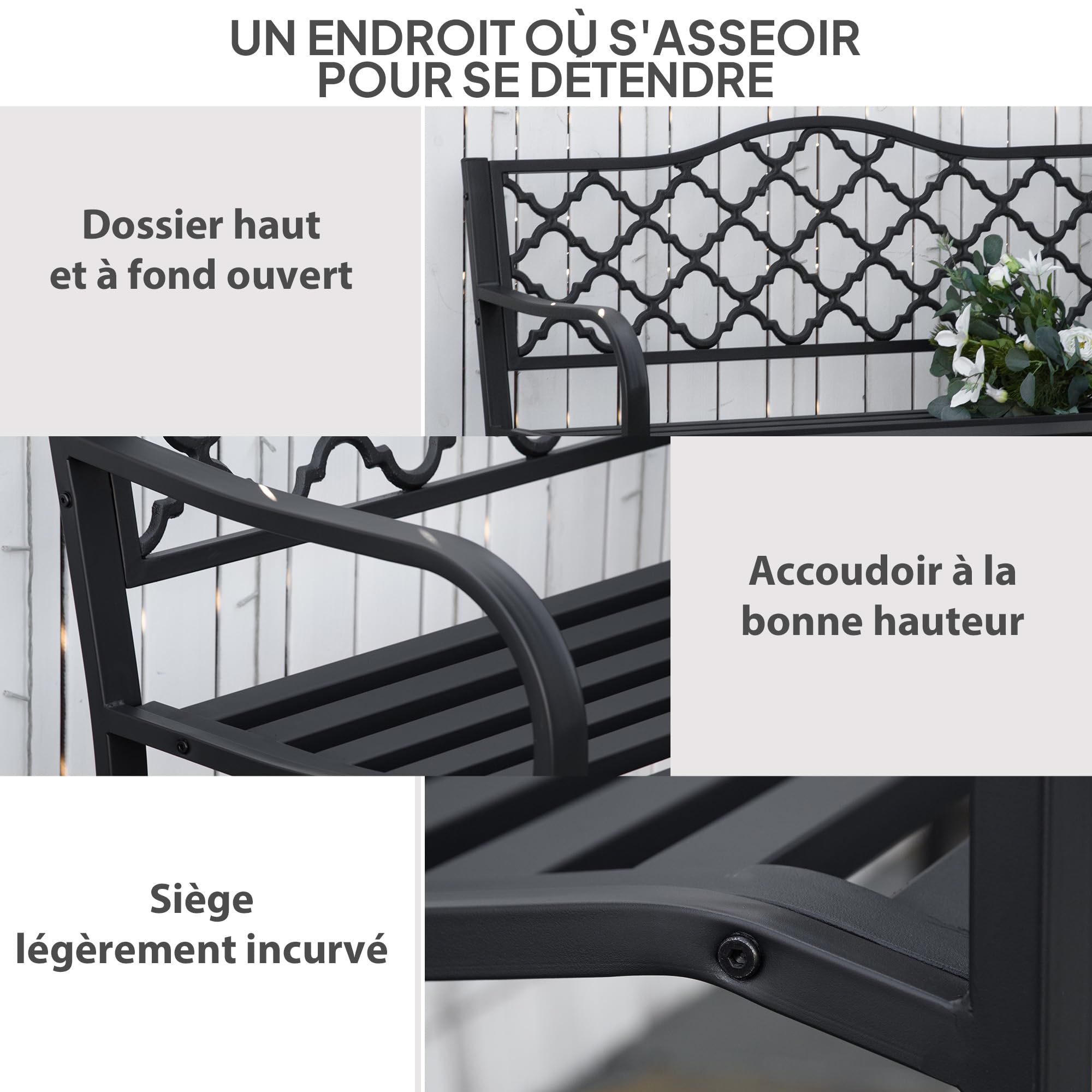 Outsunny Banc de Jardin 2 Places Style Antique 128 x 58,5 x 89 cm Noir | en Fonte, avec Accoudoirs et Dossier, Banquette Extérieure, Balcon Terrasse Patio Véranda Pelouse