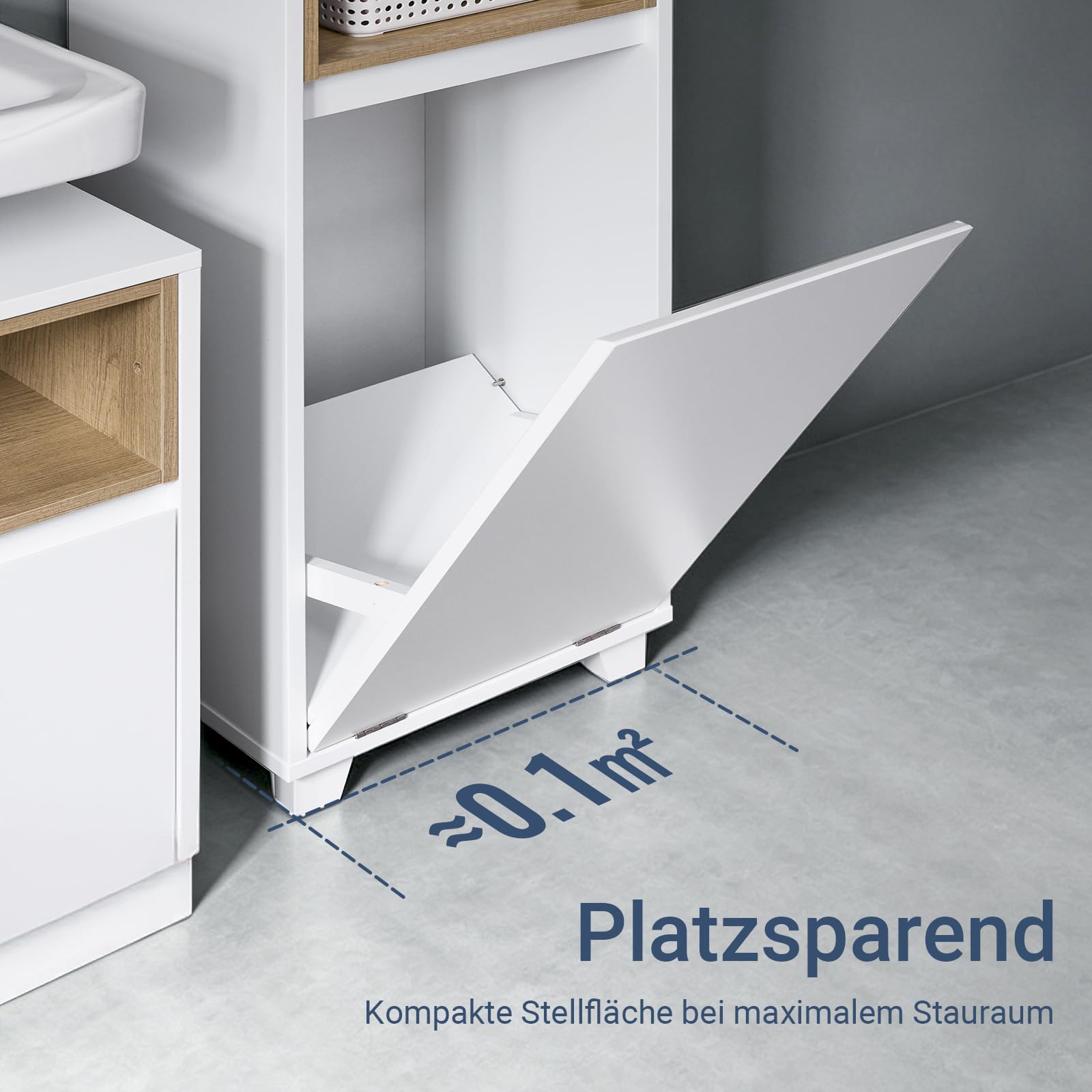 SoBuy Badezimmerschrank mit Wäschekorb für Badezimmer, 35x105x30 cm Weiß | Schmaler Wäscheschrank mit ausklappbarem Wäschesack & 2 offenen Fächern – Badmöbel aus Holz, BZR146-W