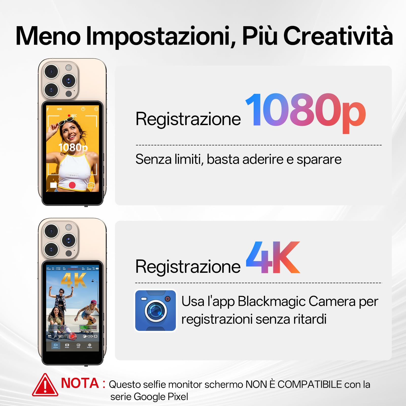 Moman Selfie Monitor Schermo 4K/1080p per Serie iPhone 17 e Android, Monitor Magnetico Wireless 50m Fotocamera Posteriore per Selfie Vlog TikTok Live Streaming - Nero