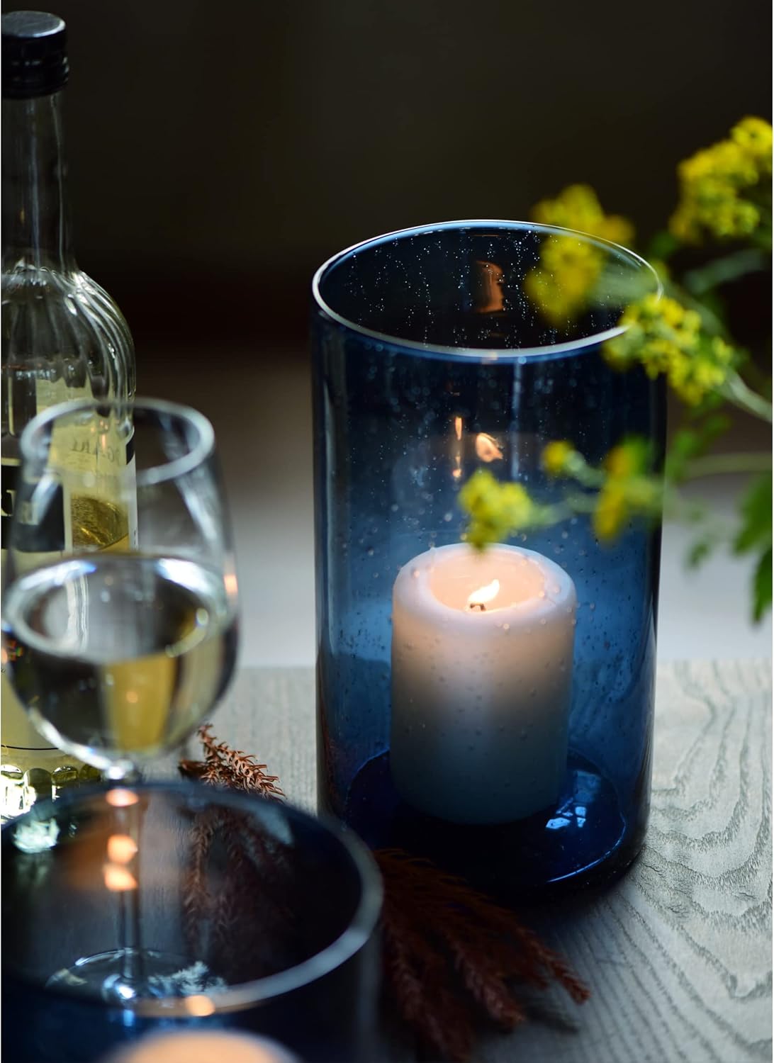 ARIAMOTION Glass Hurricane Candle Holder for Pillar Blue Cylinder Vase Flower Centerpiece Seeded Bubbles Modern Table Decoration for Kitchen Living Room 8 Inch 5 inch Diam